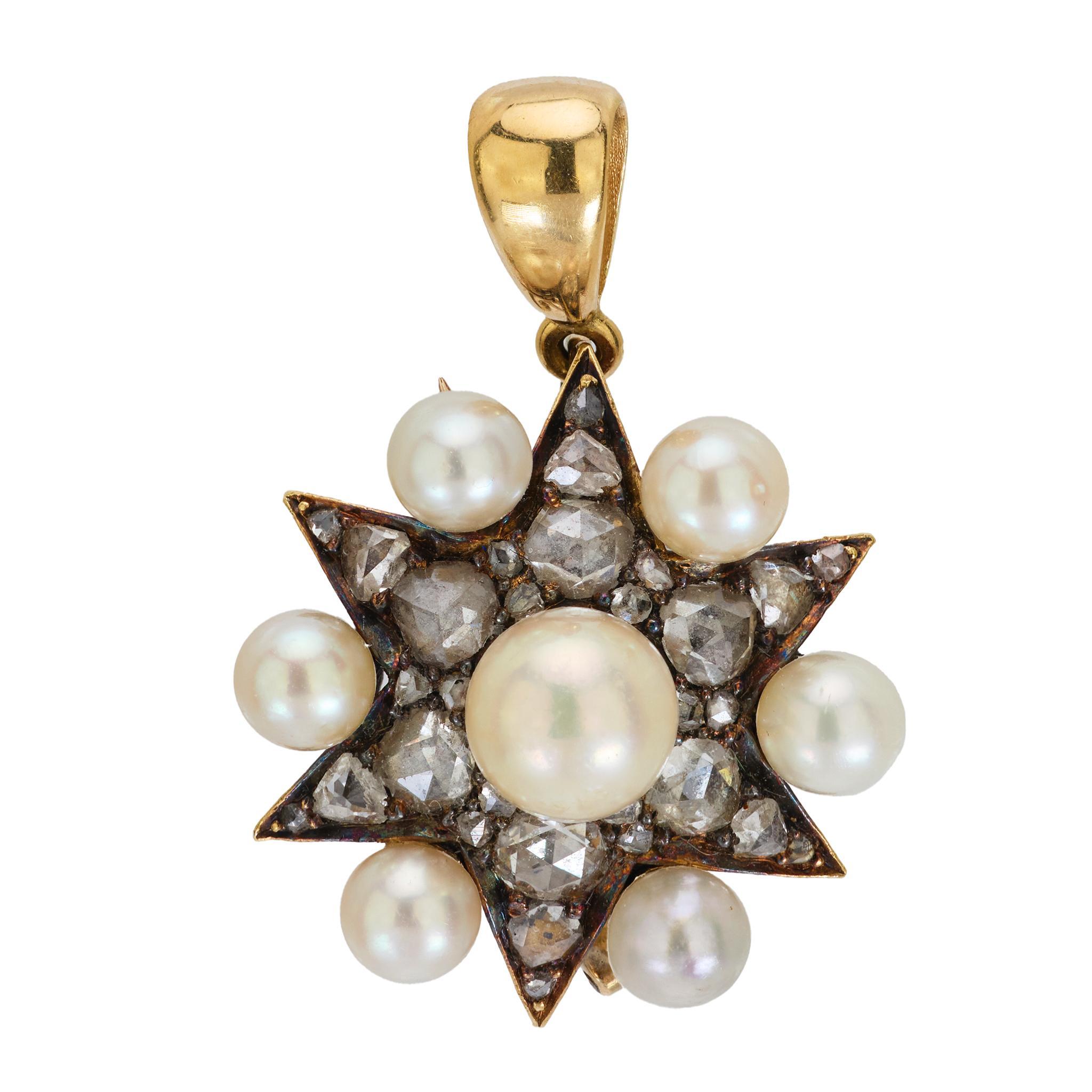 Edwardian pearl 1.10 carat diamond 14k yellow gold and silver star pendant For Sale