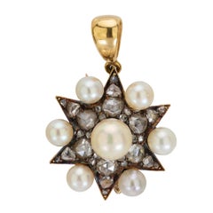 Colgante estrella eduardiana de oro amarillo de 14 quilates y plata con perla de 1,10 quilates de diamante