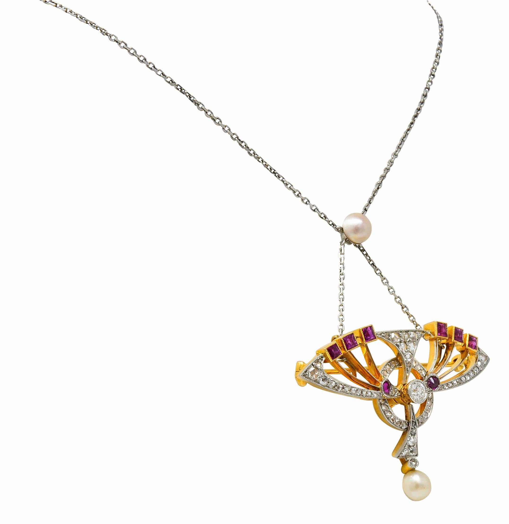 Halskette aus 18 Karat Gold mit perlenbesetztem 2,25 Karat Diamant und Rubin in Platinfassung im Zustand „Hervorragend“ im Angebot in Philadelphia, PA