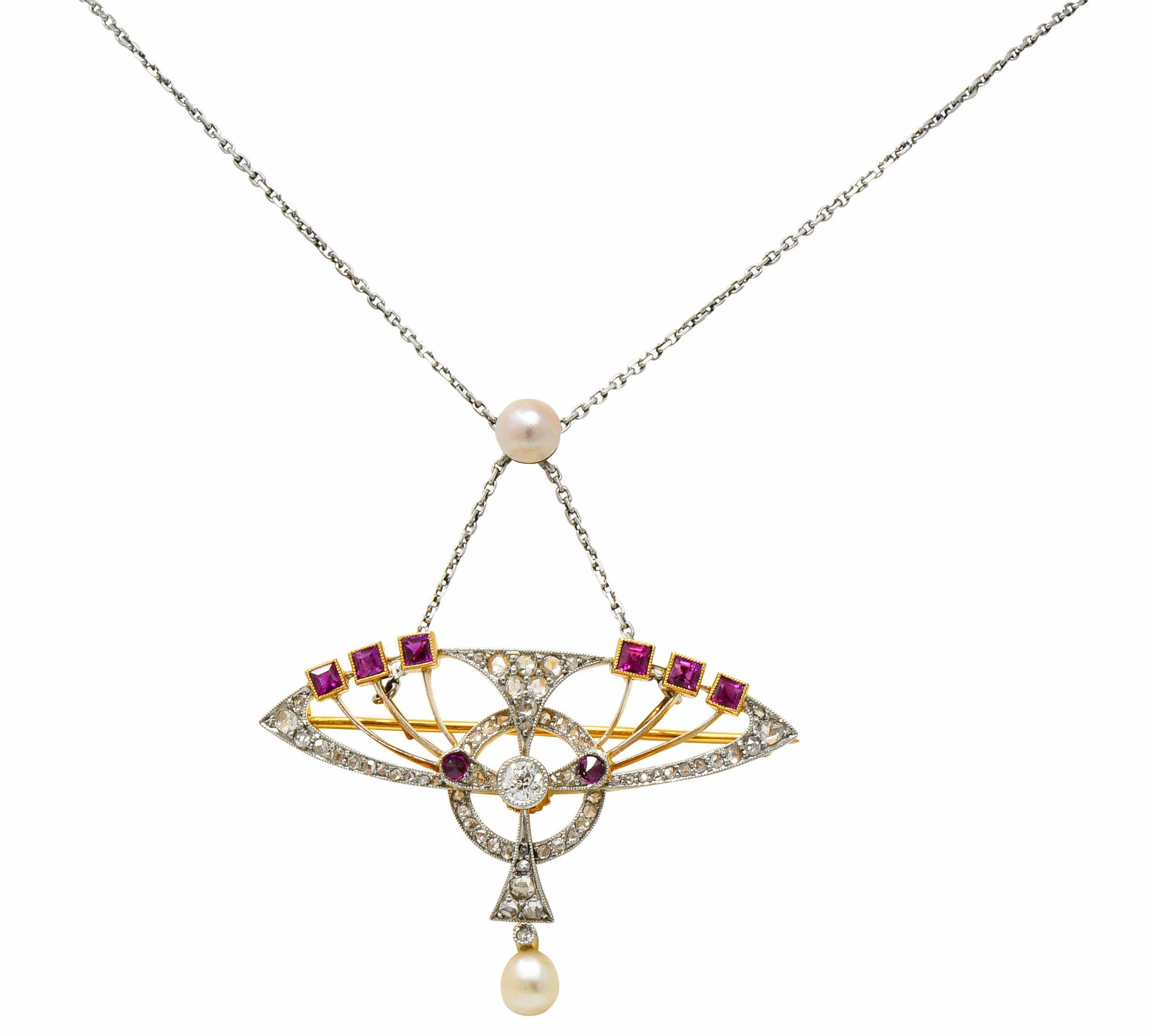 Edwardian Pearl 2.25 Carat Diamond Ruby Platinum-Topped 18 Karat Gold Necklace For Sale 3