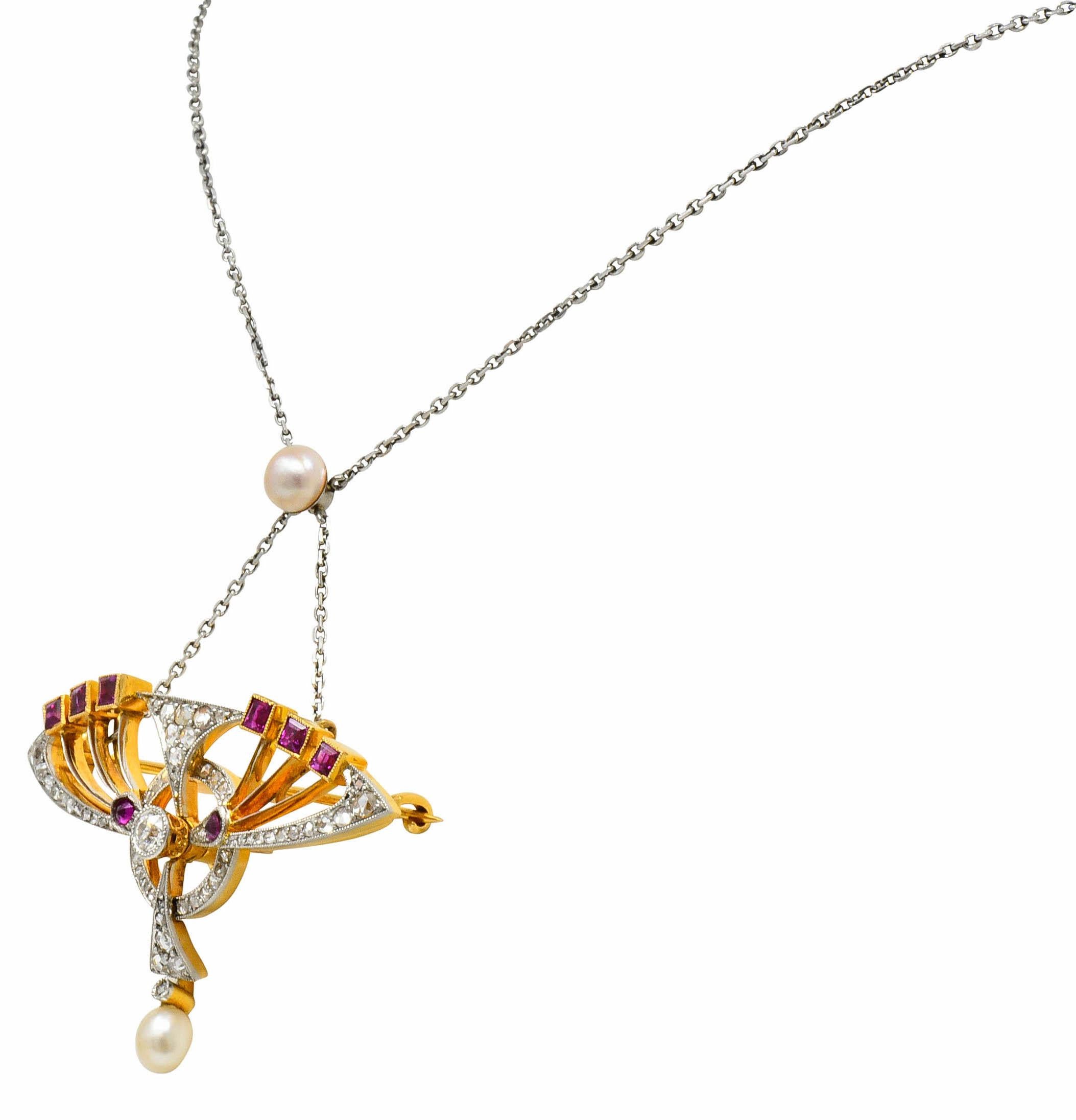 Halskette aus 18 Karat Gold mit perlenbesetztem 2,25 Karat Diamant und Rubin in Platinfassung (Edwardian) im Angebot