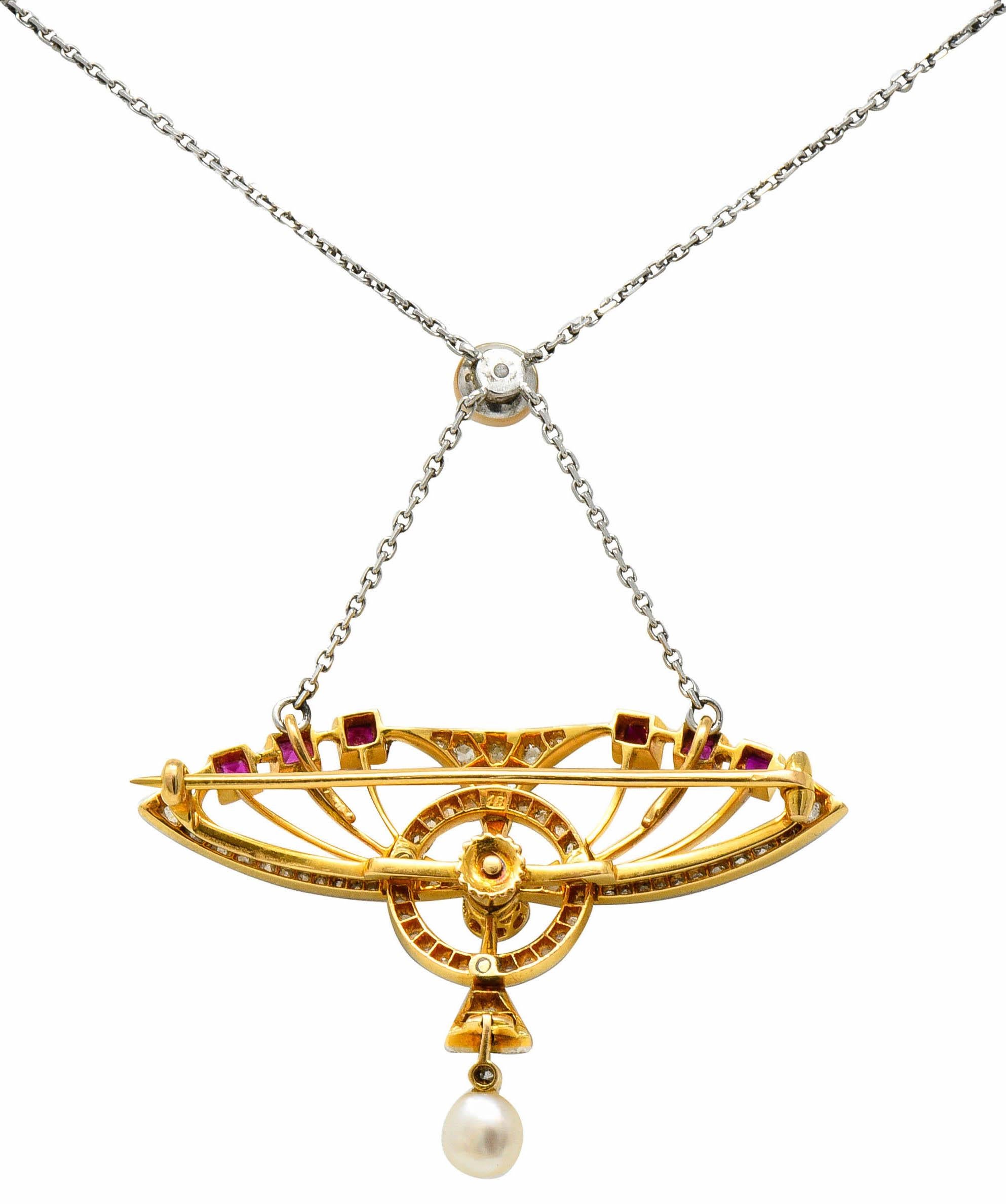 Rose Cut Edwardian Pearl 2.25 Carat Diamond Ruby Platinum-Topped 18 Karat Gold Necklace For Sale