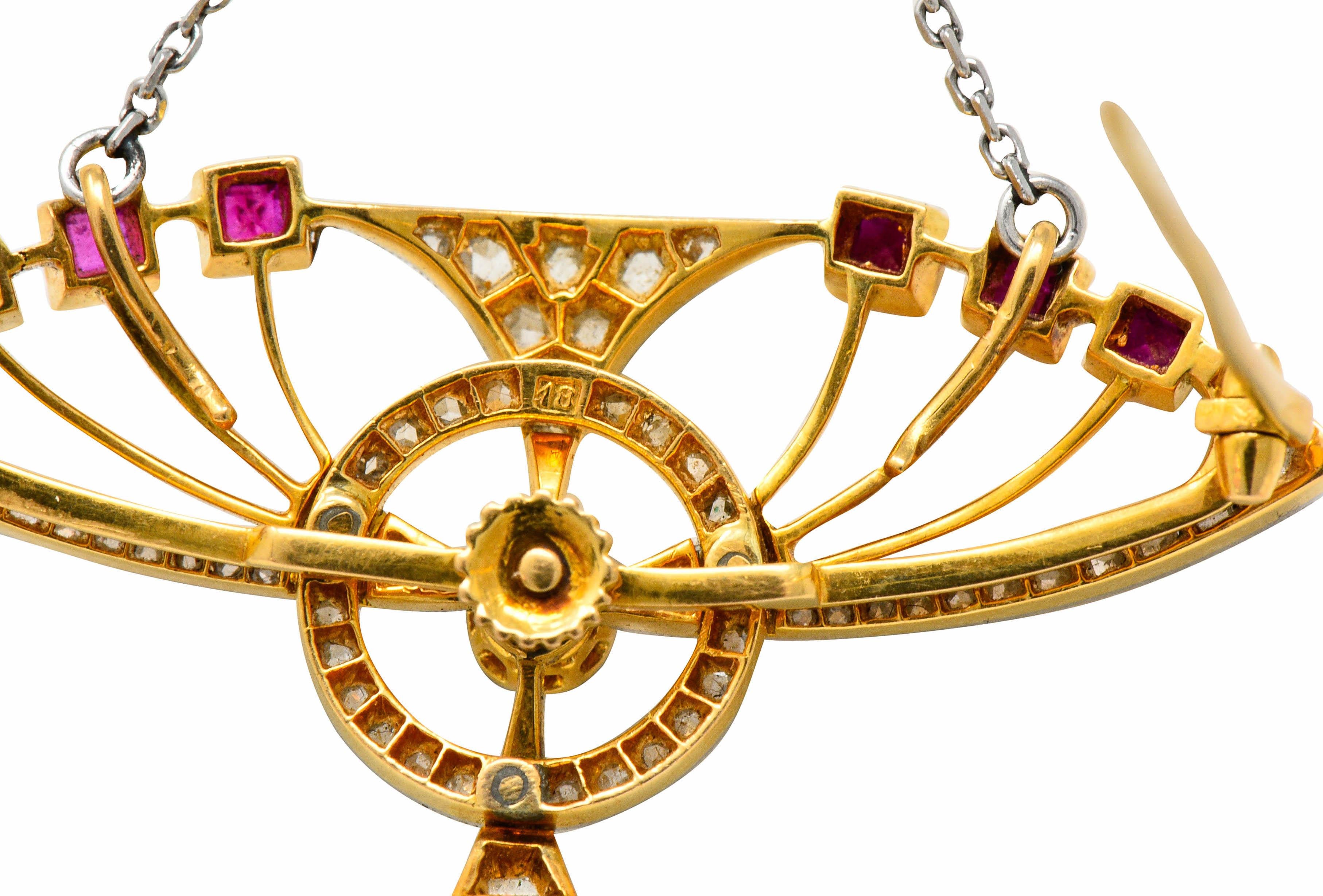 Women's or Men's Edwardian Pearl 2.25 Carat Diamond Ruby Platinum-Topped 18 Karat Gold Necklace For Sale