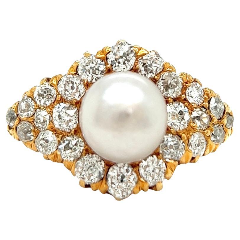 Edwardian Pearl 2.40 Carats Old Mine Cut Diamonds 18K Yellow Gold Cluster Ring