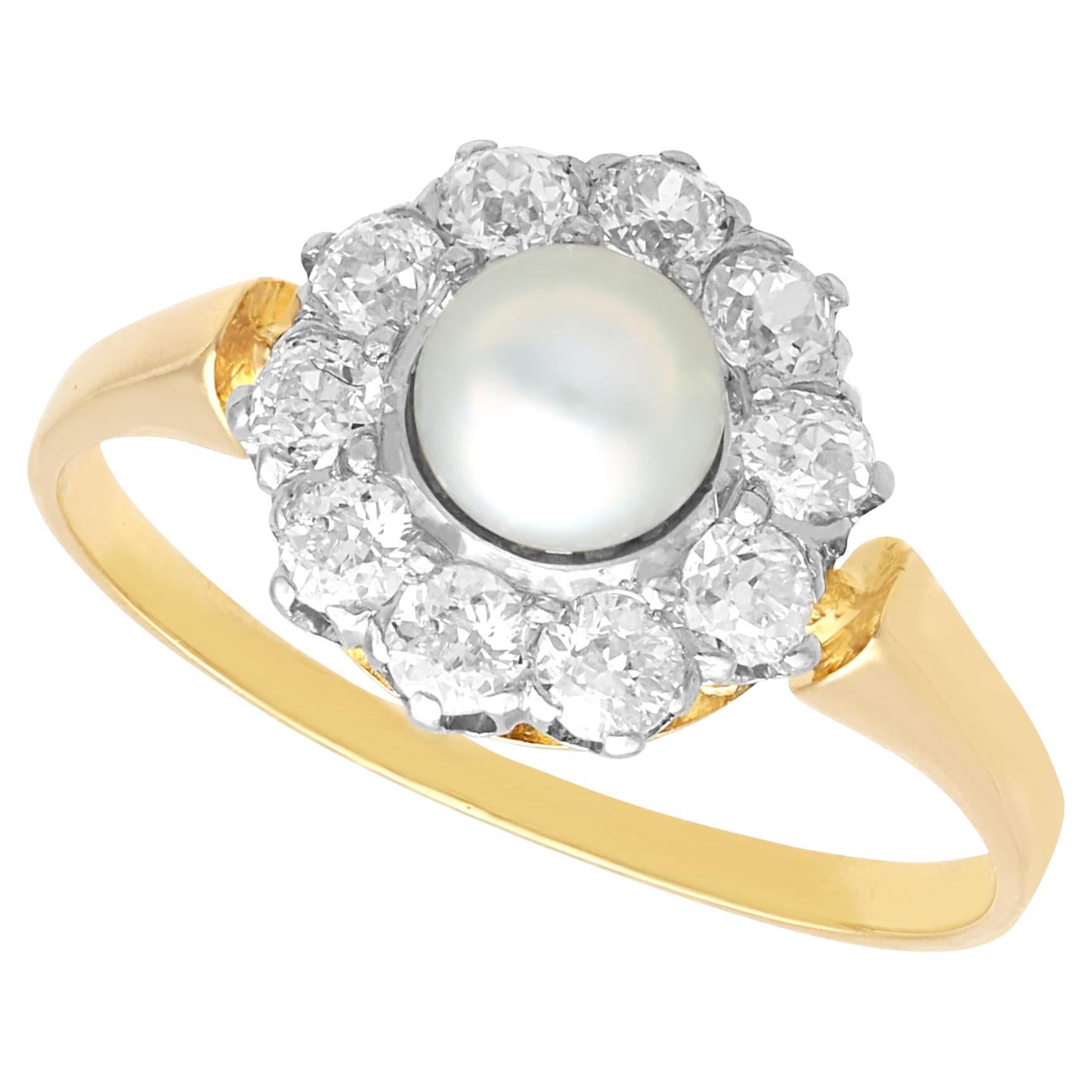Edwardian Pearl and 0.30 Carat Diamond 18k Yellow Gold Cluster Ring For Sale