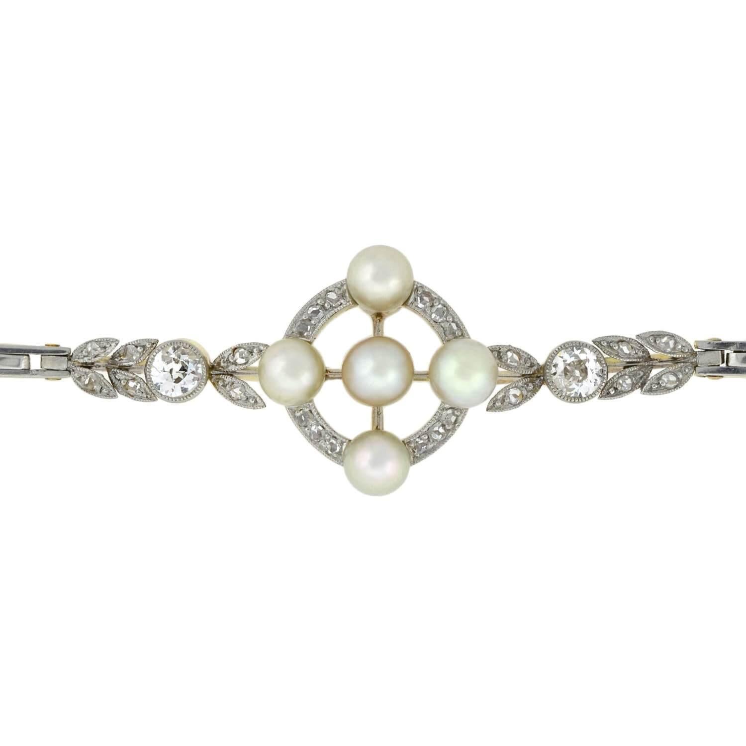 Edwardian Pearl and 0.63 Total Carat Diamond Link Bracelet (Alteuropäischer Brillantschliff)