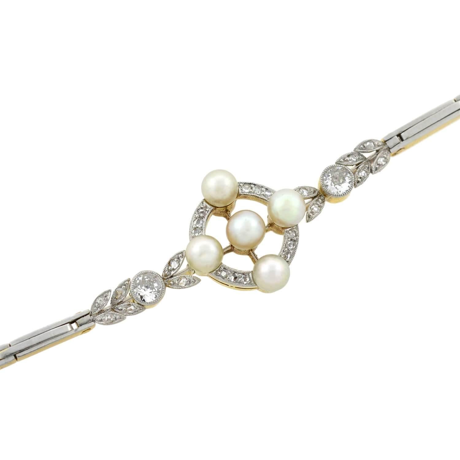 Edwardian Pearl and 0.63 Total Carat Diamond Link Bracelet 1