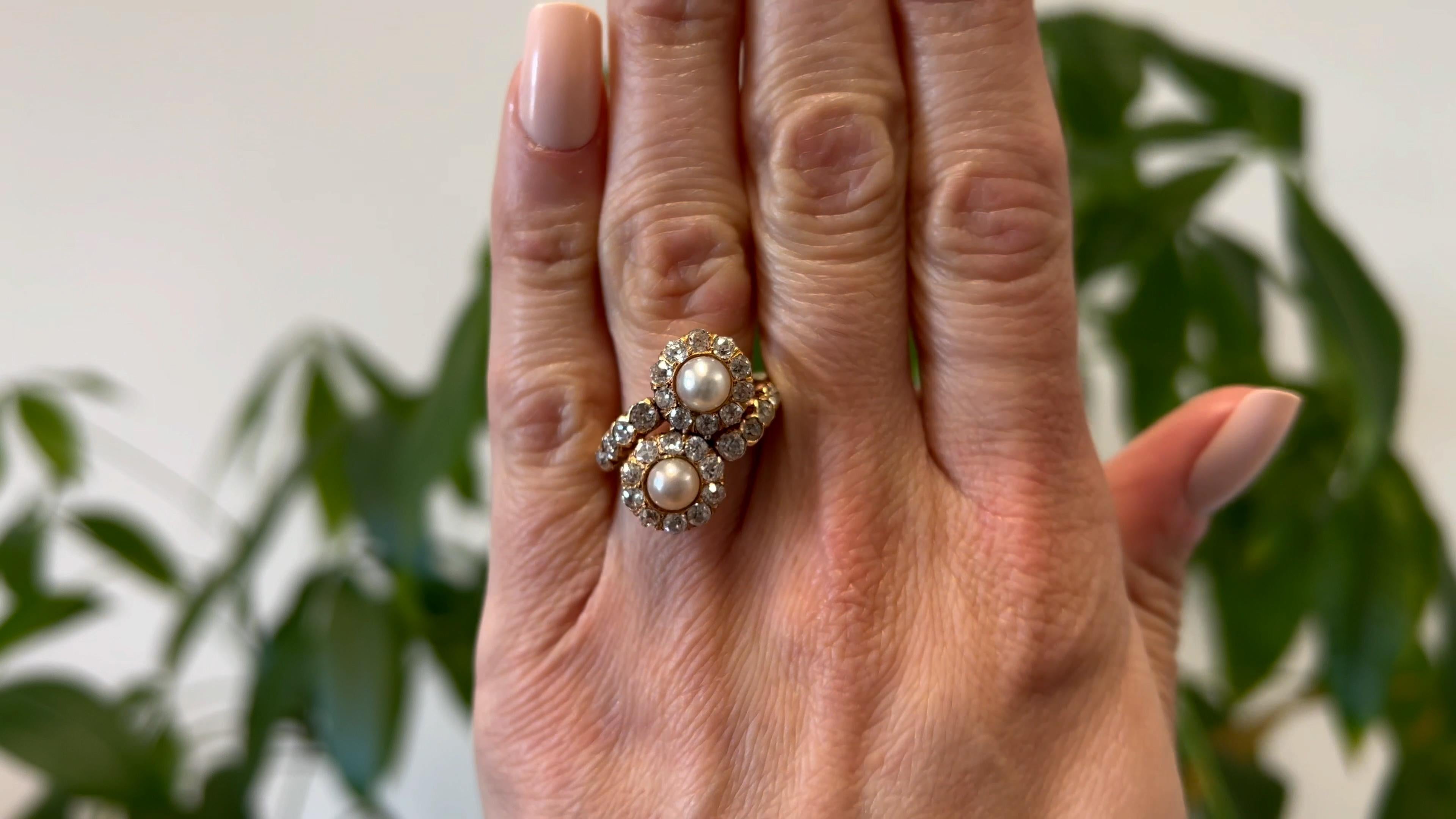Old Mine Cut Edwardian Pearl and Diamond 14k Rose Gold Toi et Moi Ring For Sale