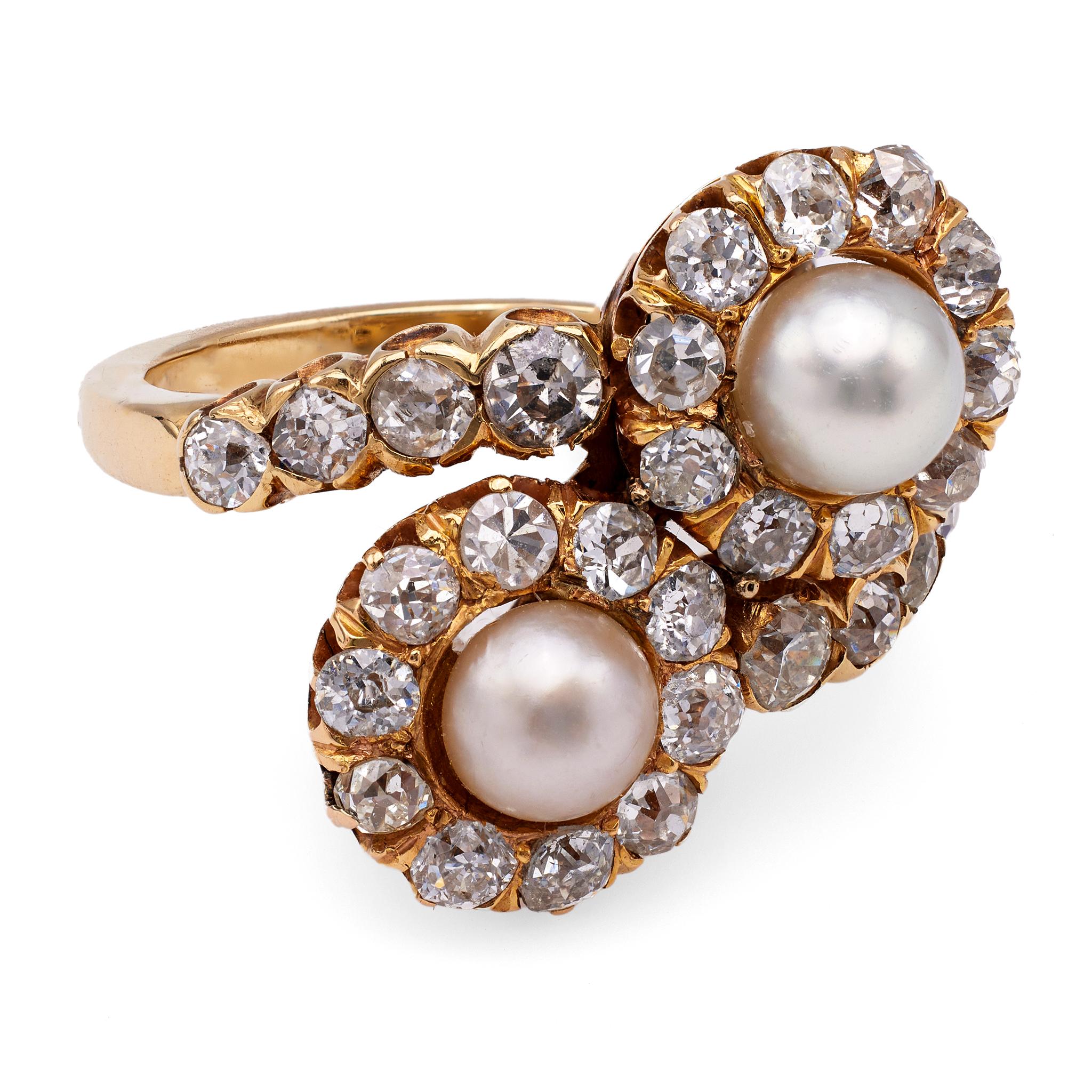 Women's or Men's Edwardian Pearl and Diamond 14k Rose Gold Toi et Moi Ring