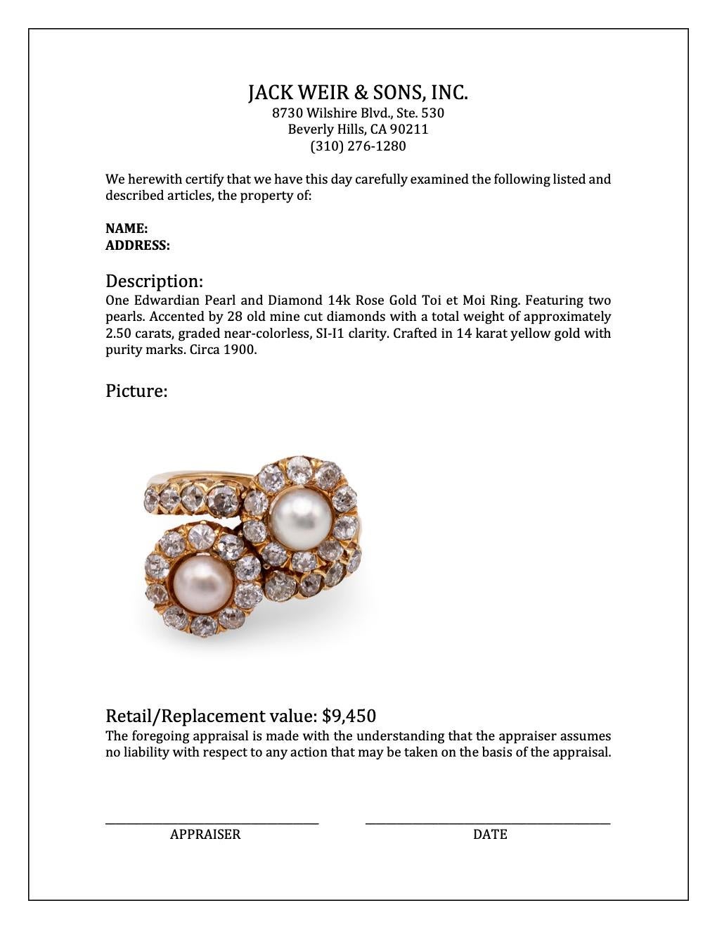 Edwardian Pearl and Diamond 14k Rose Gold Toi et Moi Ring 2