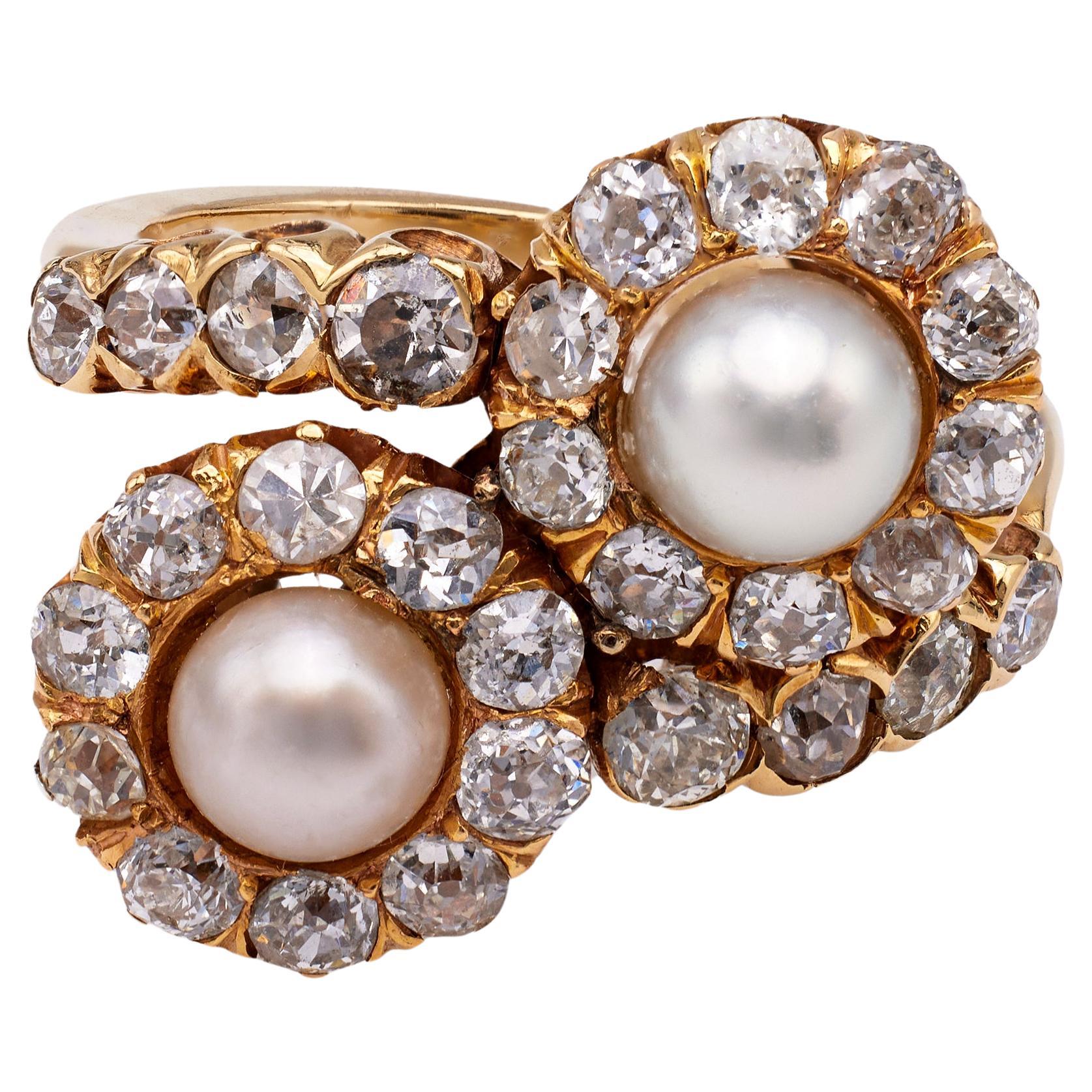 Edwardian Pearl and Diamond 14k Rose Gold Toi et Moi Ring For Sale