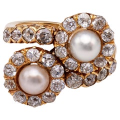 Edwardian Pearl and Diamond 14k Rose Gold Toi et Moi Ring