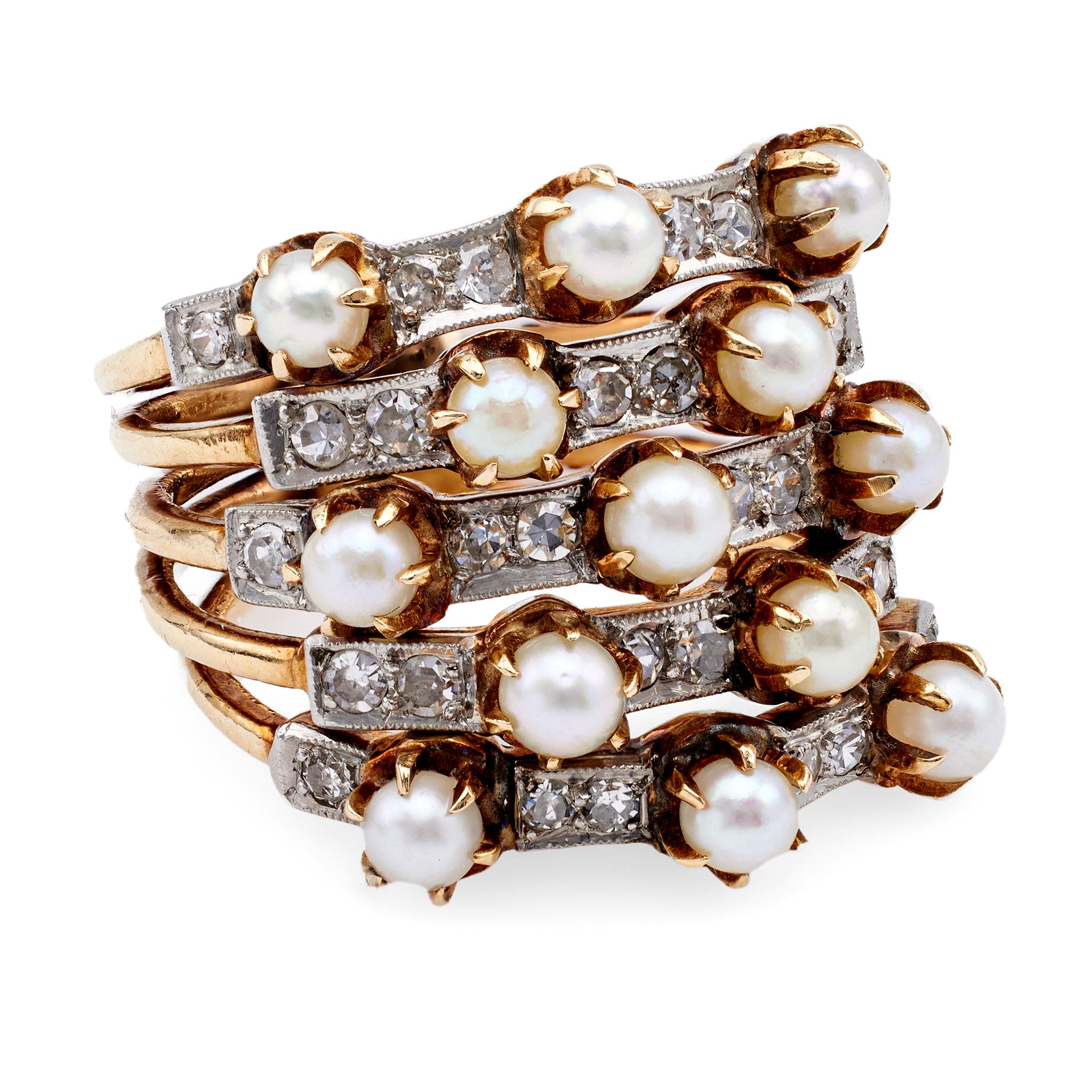 Women's or Men's Edwardian Pearl and Diamond 14k Yellow Gold Five Stack Ring