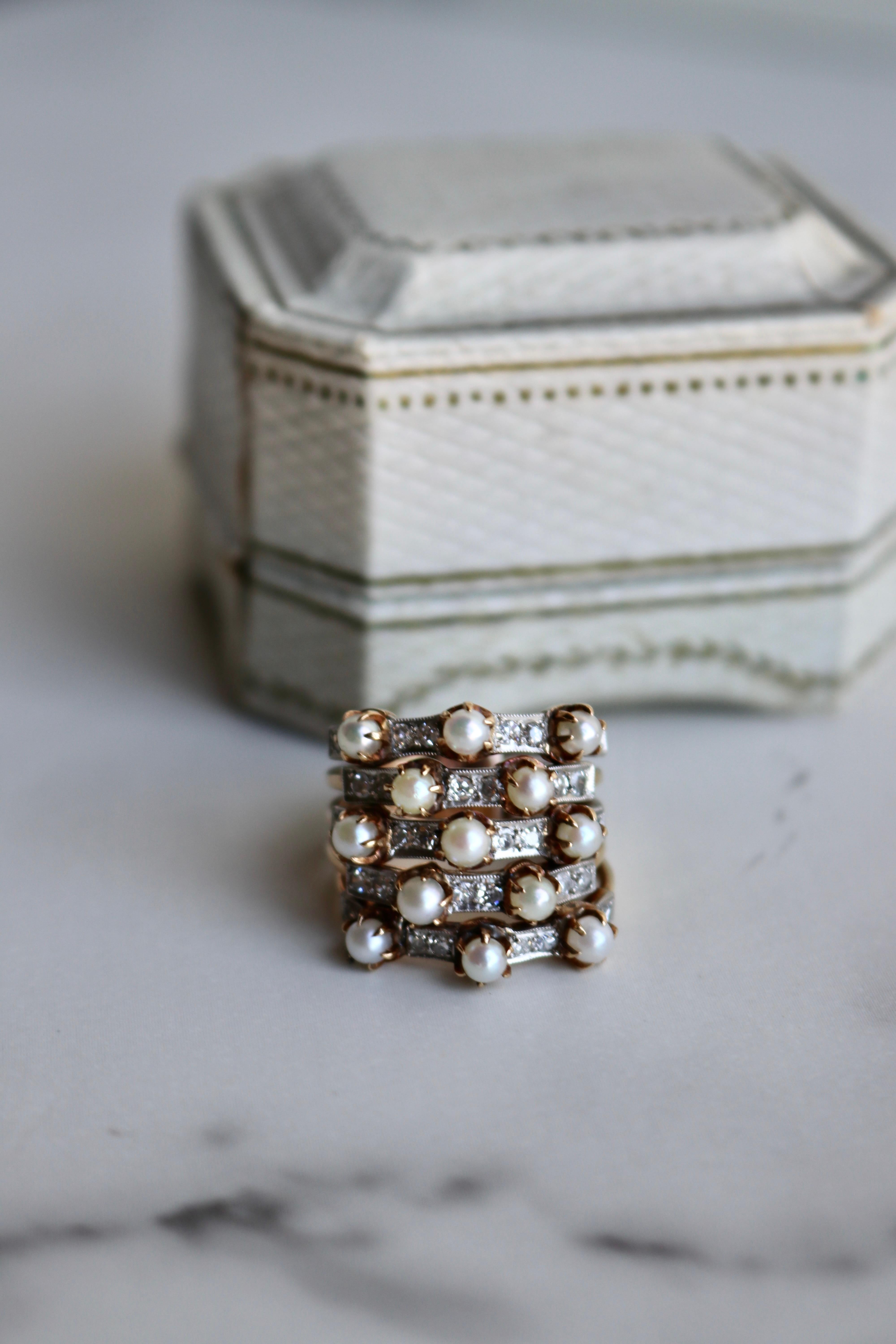 Edwardian Pearl and Diamond 14k Yellow Gold Five Stack Ring 1