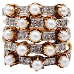Antique Edwardian Pearl and Diamond 14k Yellow Gold Five Stack Ring