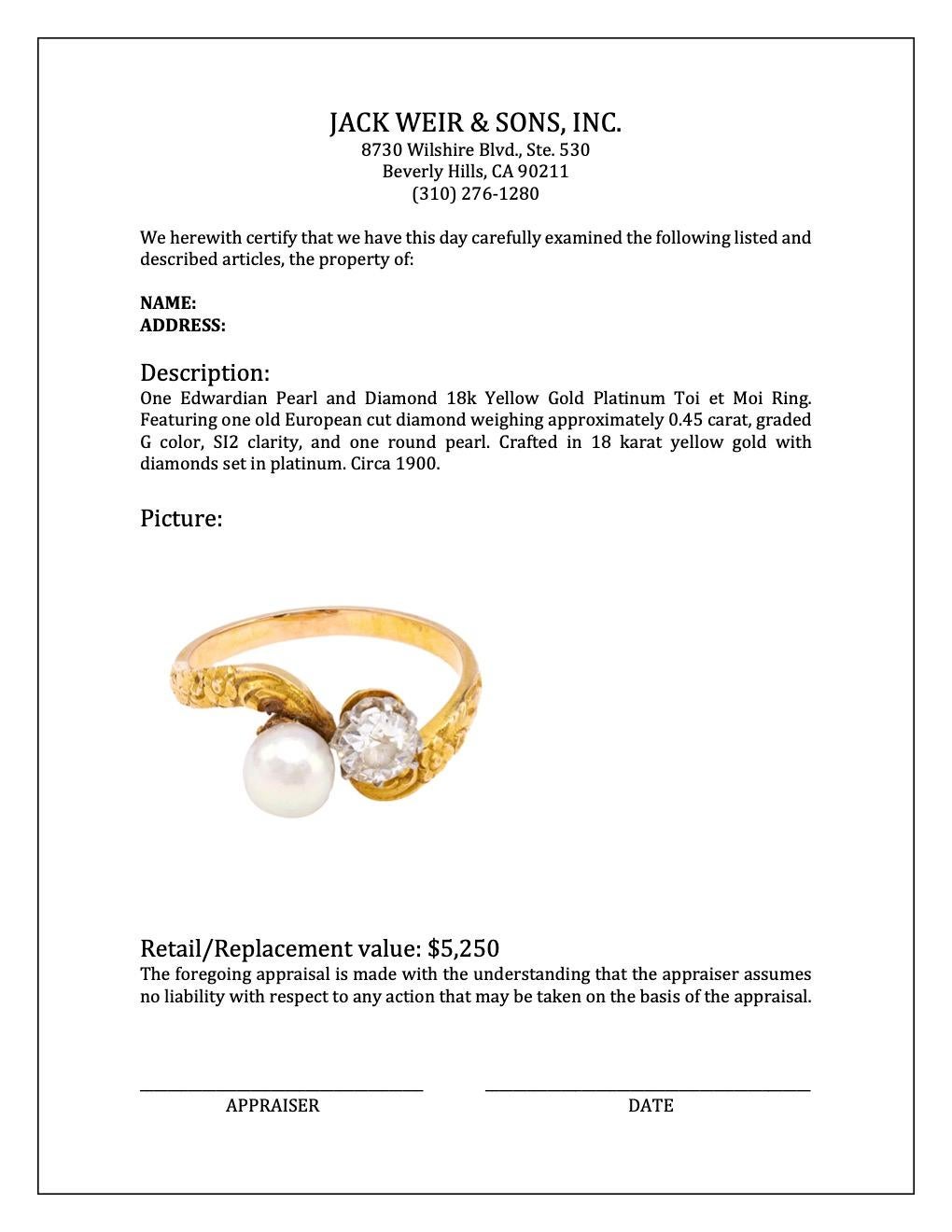 Women's or Men's Edwardian Pearl and Diamond 18k Yellow Gold Platinum Toi et Moi Ring For Sale