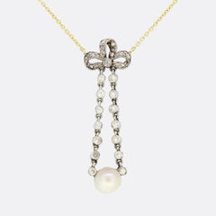 Edwardian Pearl and Diamond Bow Drop Necklace