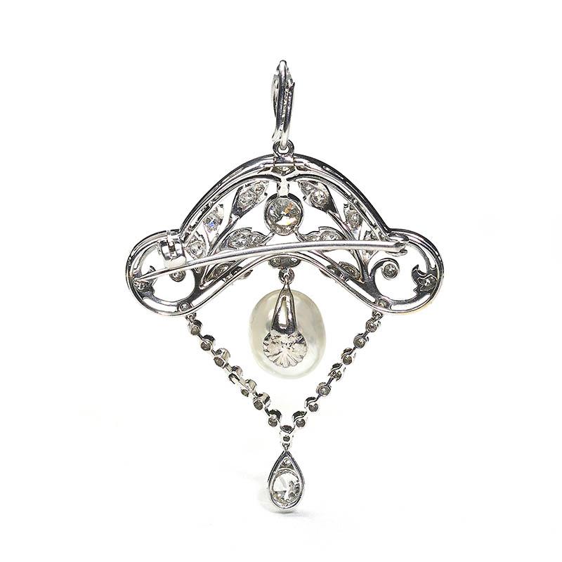 Old Mine Cut Edwardian Pearl and Diamond Brooch Pendant