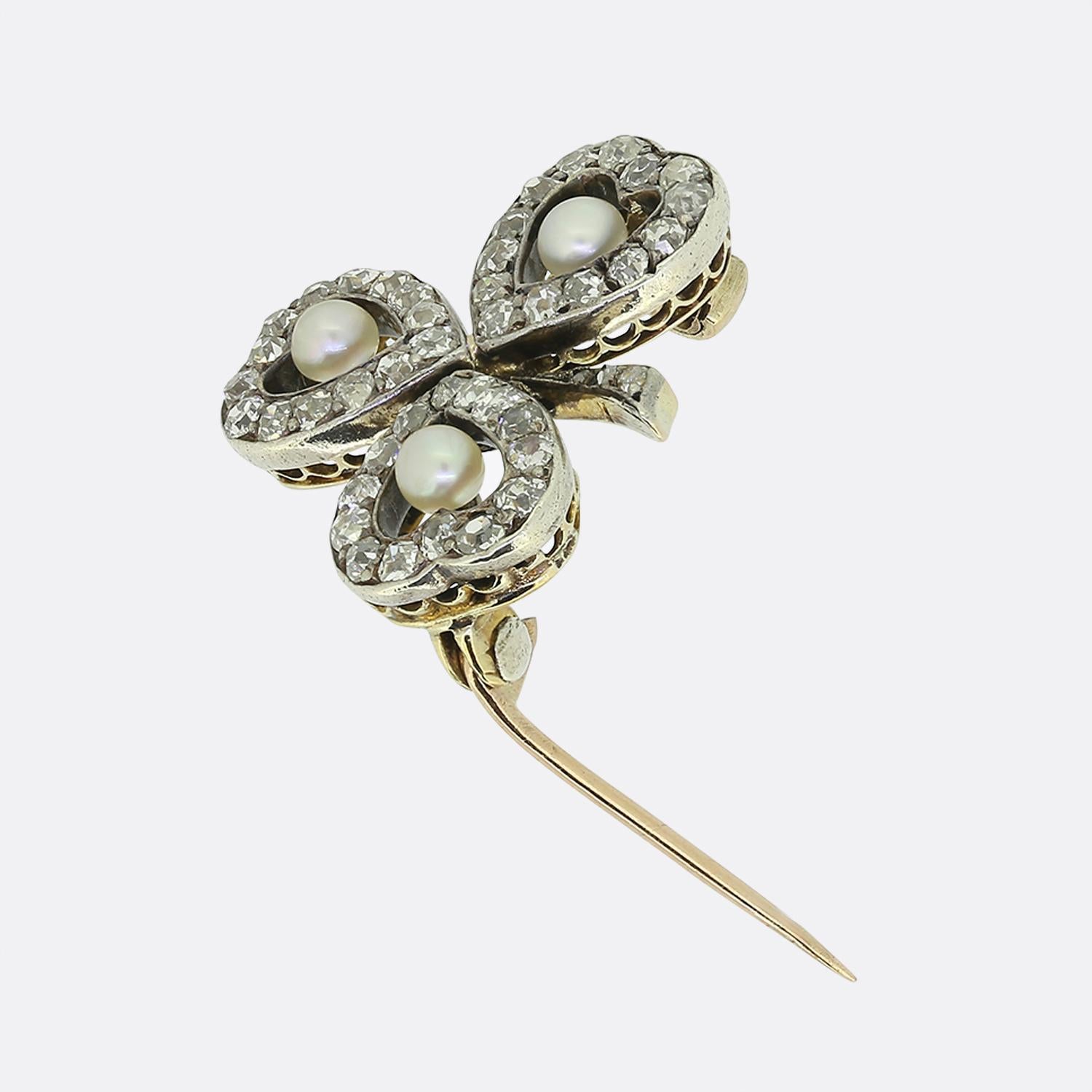 Round Cut Edwardian Pearl and Diamond Clover Brooch For Sale