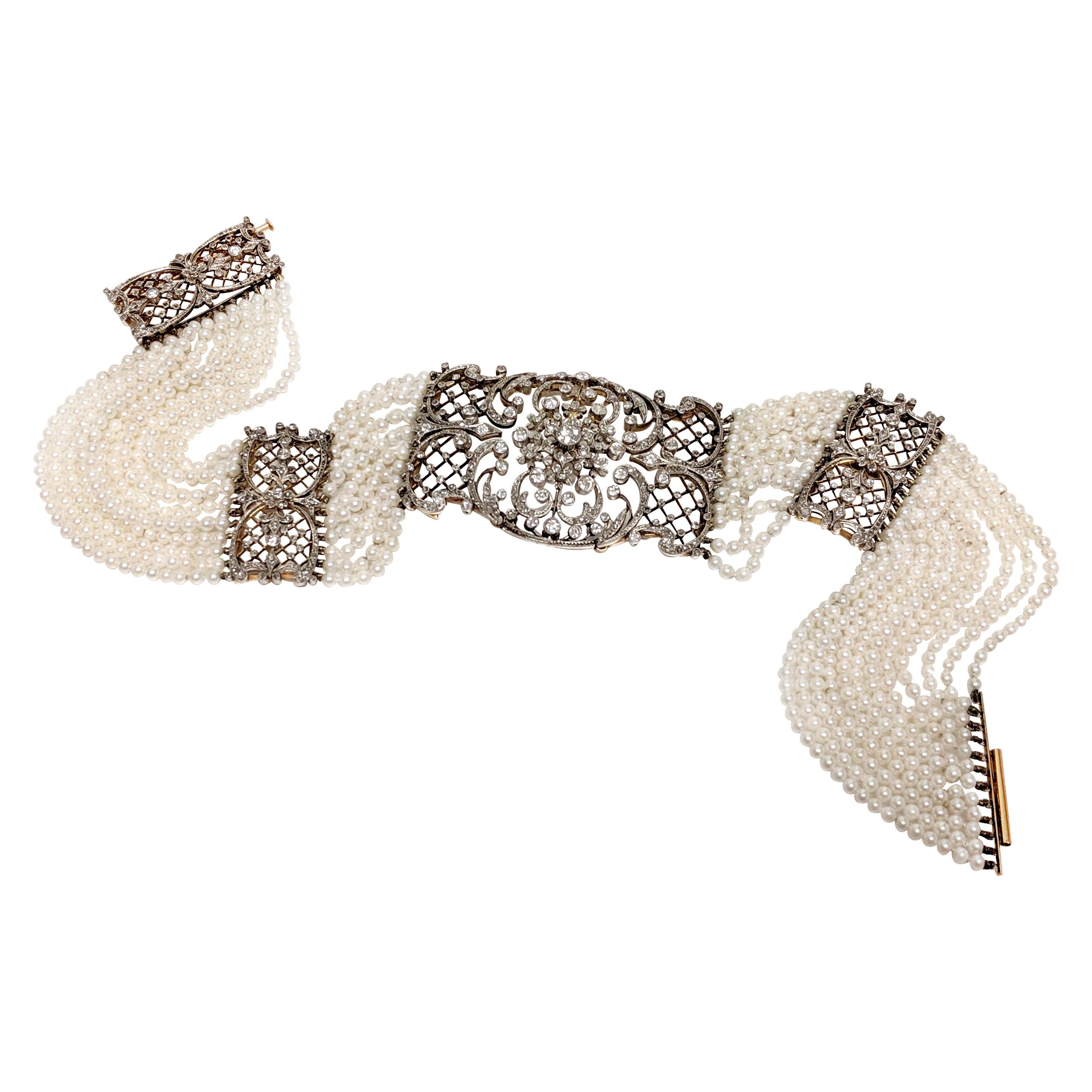 Edwardian Pearl and Diamond Collar Necklace