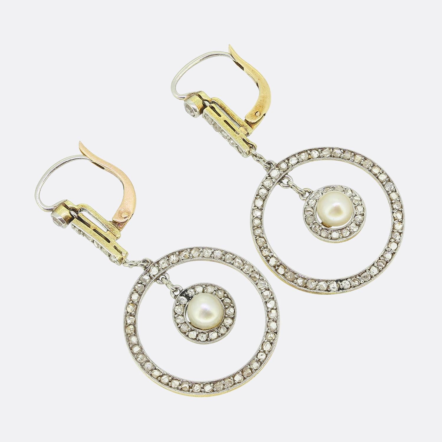 Rose Cut Edwardian Pearl and Diamond Drop Earrings For Sale