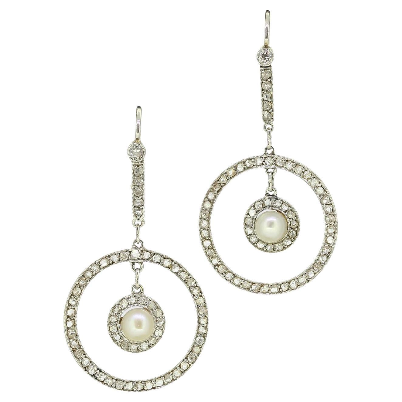 Edwardian Pearl and Diamond Drop Earrings For Sale