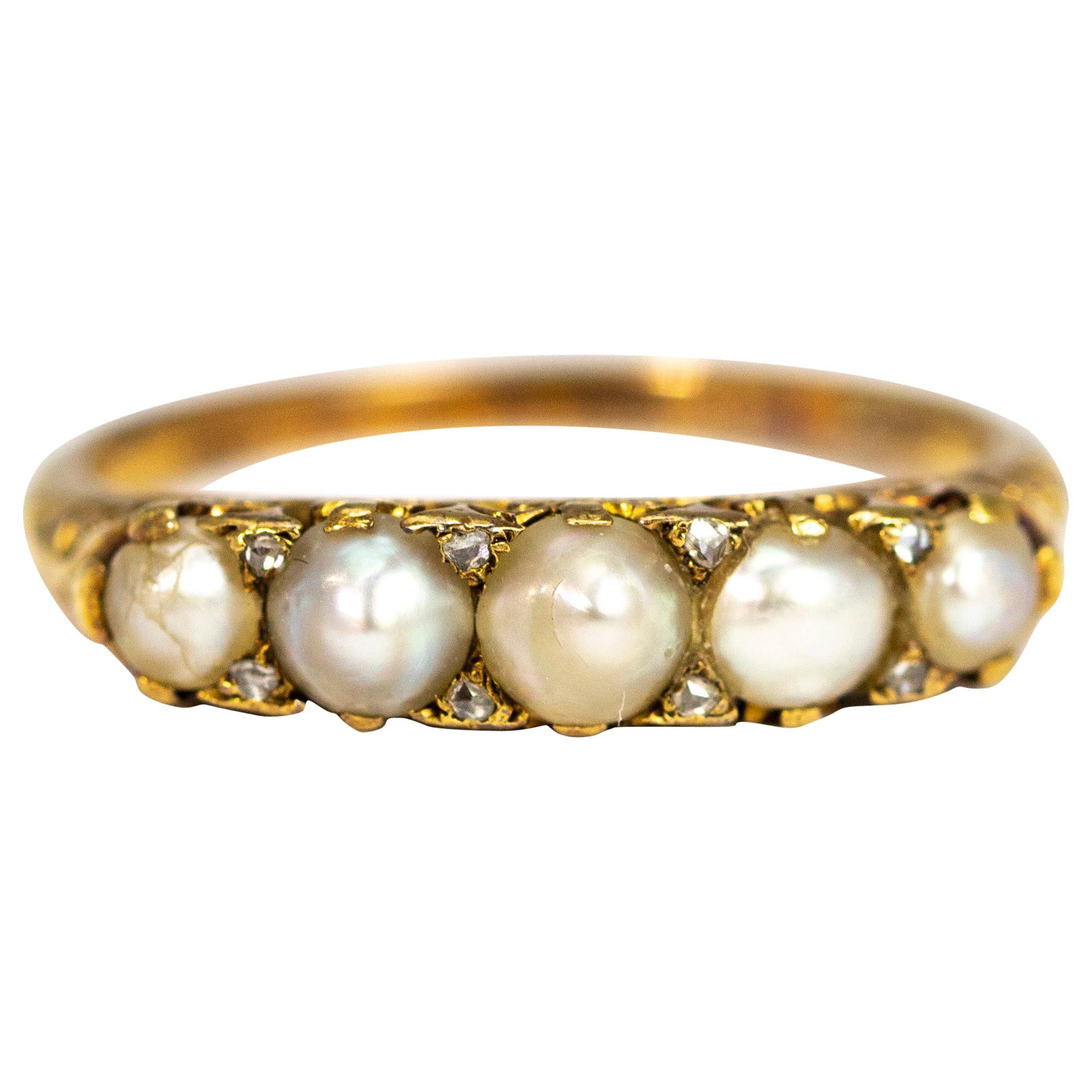 Edwardian Pearl and Diamond Five-Stone 18 Carat Gold Ring