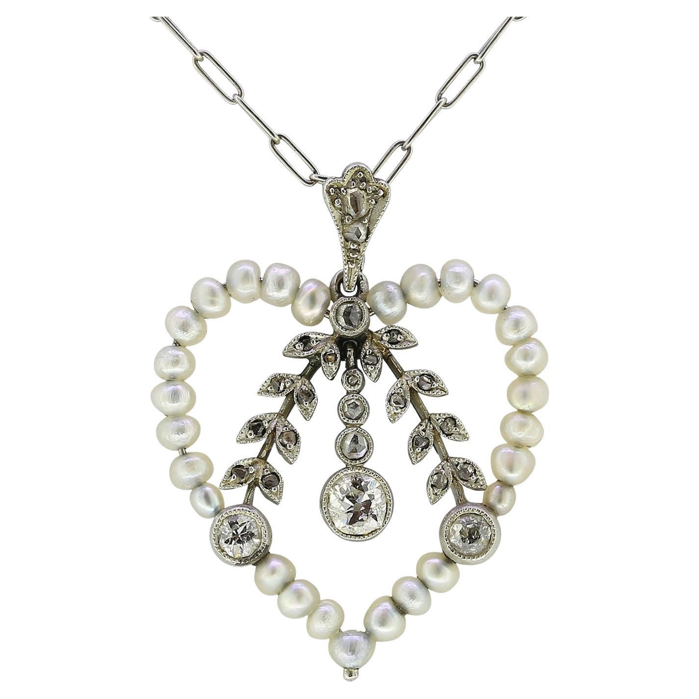 Edwardian Pearl and Diamond Heart Necklace