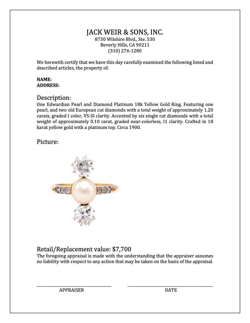 Ring aus Platin und 18 Karat Gelbgold mit edwardianischen Perlen und Diamanten im Angebot 1