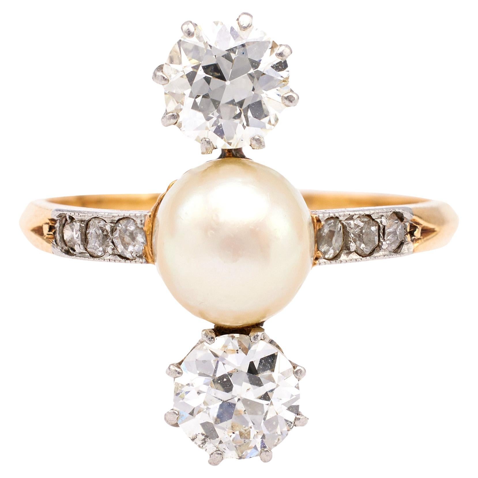Edwardian Pearl and Diamond Platinum 18k Yellow Gold Ring For Sale