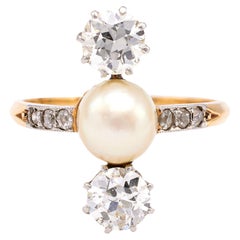 Antique Edwardian Pearl and Diamond Platinum 18k Yellow Gold Ring