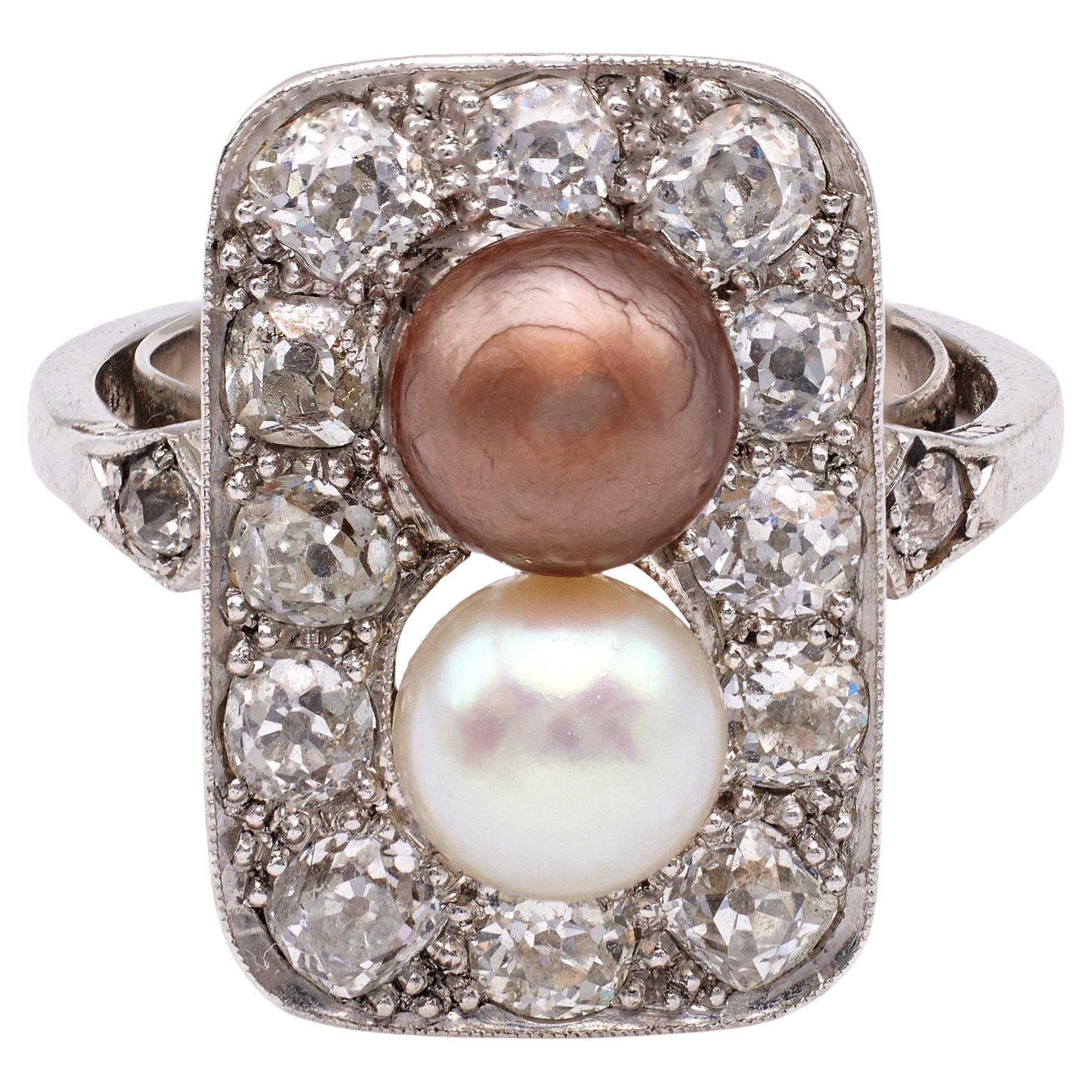 Edwardian Pearl and Diamond Platinum Ring. For Sale