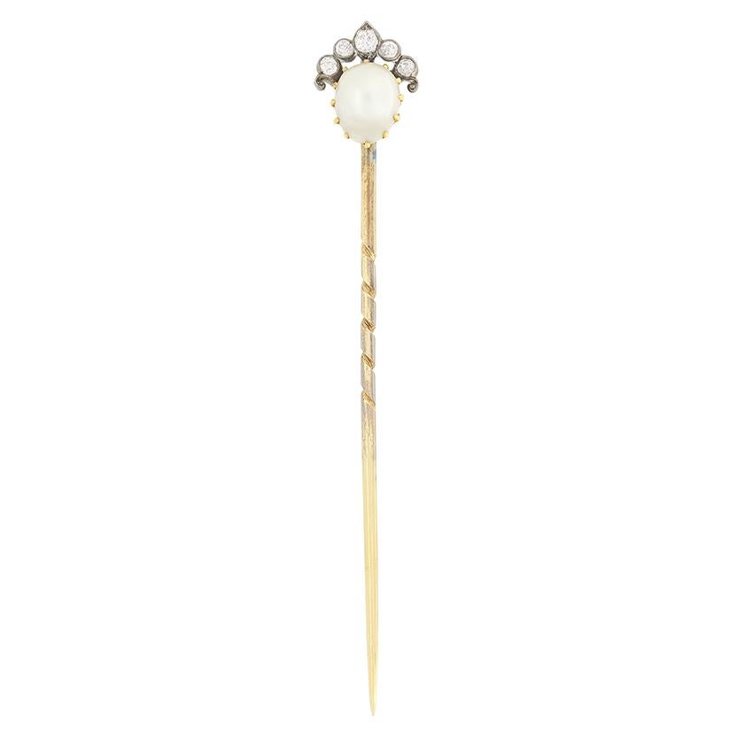 Edwardianische Krawattennadel mit Perlen und Diamanten, um 1910 (Alteuropäischer Schliff) im Angebot