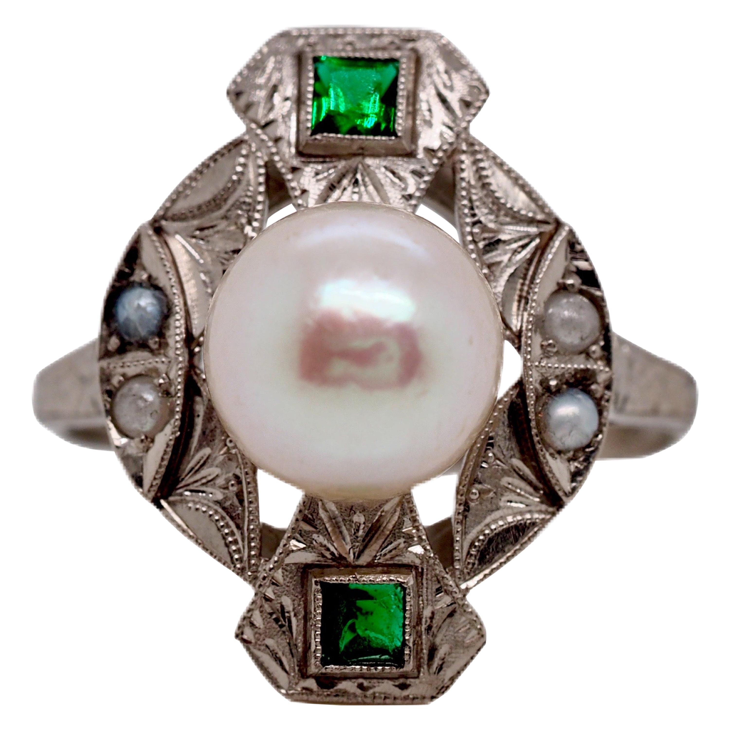 Edwardian Pearl and Emerald 18 Karat Ring, circa 1900s