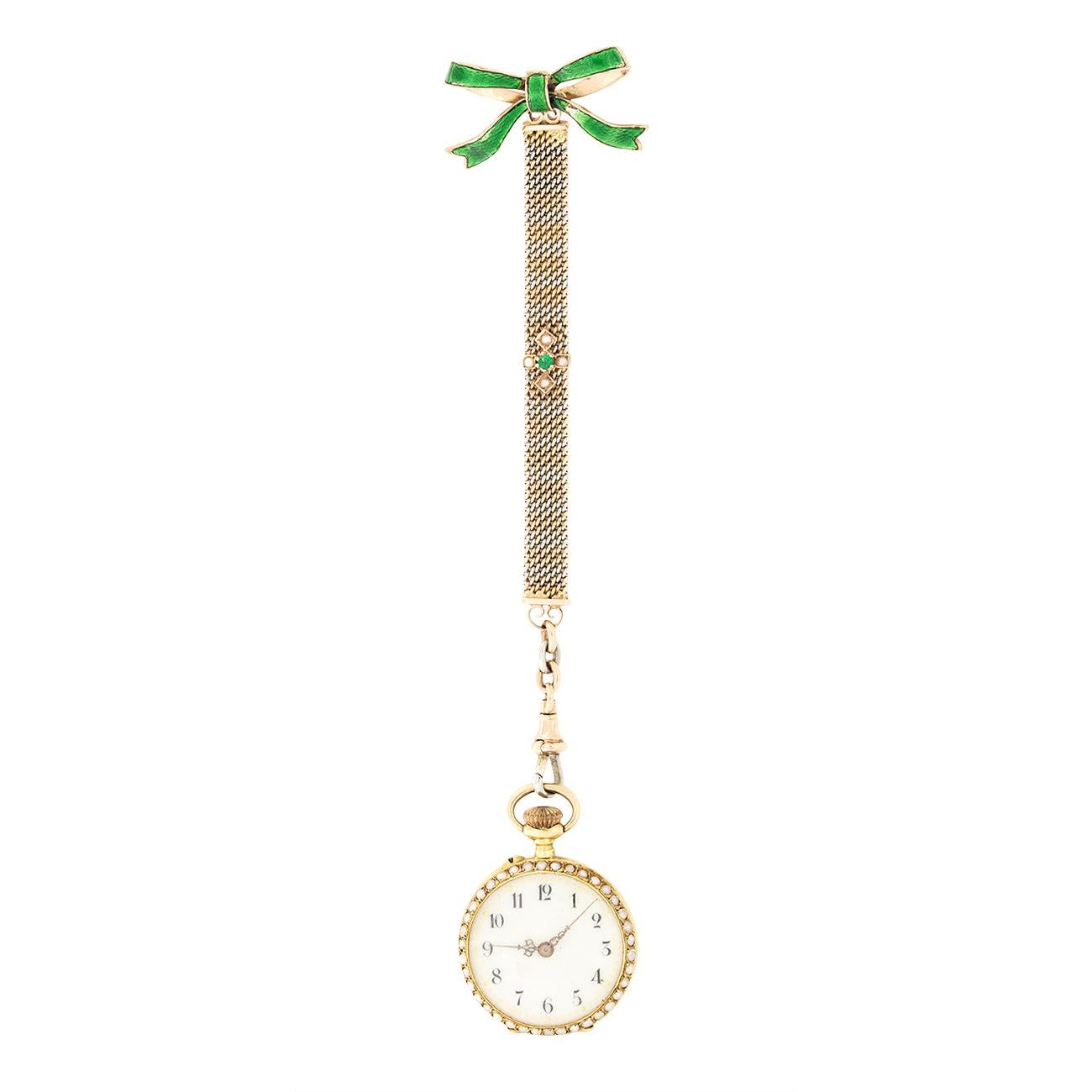 Round Cut Edwardian Pearl and Enamel Pocket Watch, c.1910 For Sale