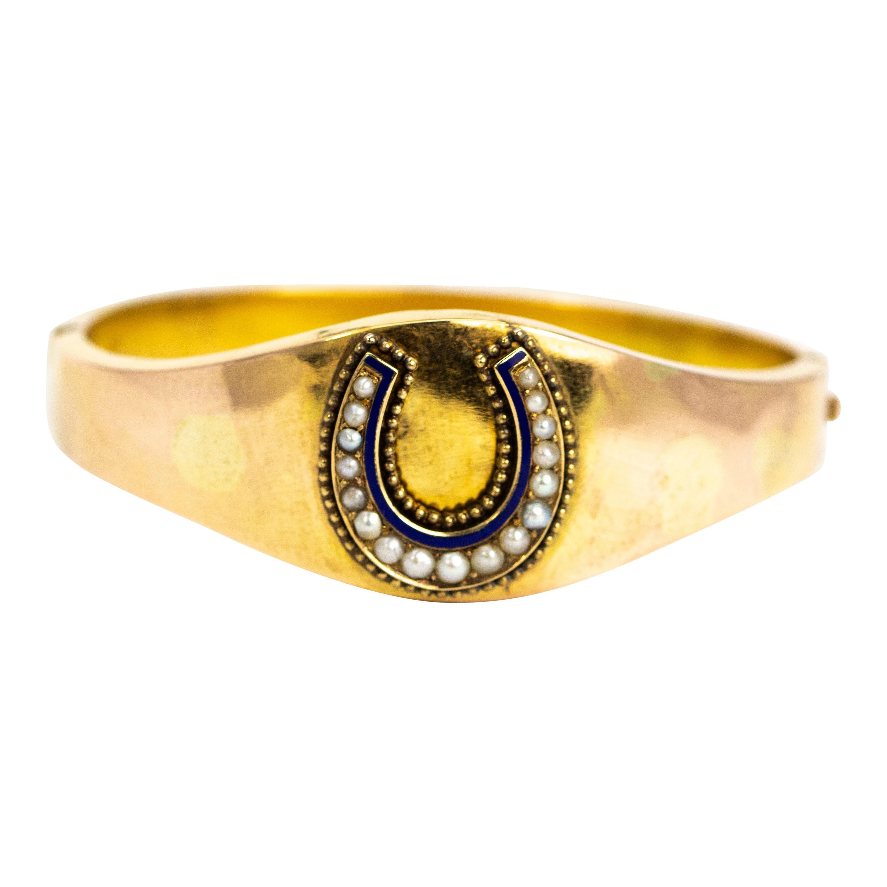 Edwardian Pearl and Enamel Yellow Gold Horseshoe Bangle