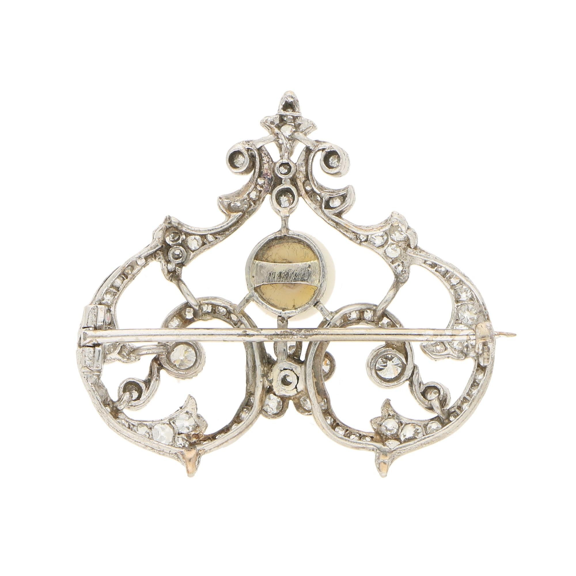 Edwardian Pearl and Old Cut Diamond Heart Brooch Set in Platinum In Good Condition In London, GB