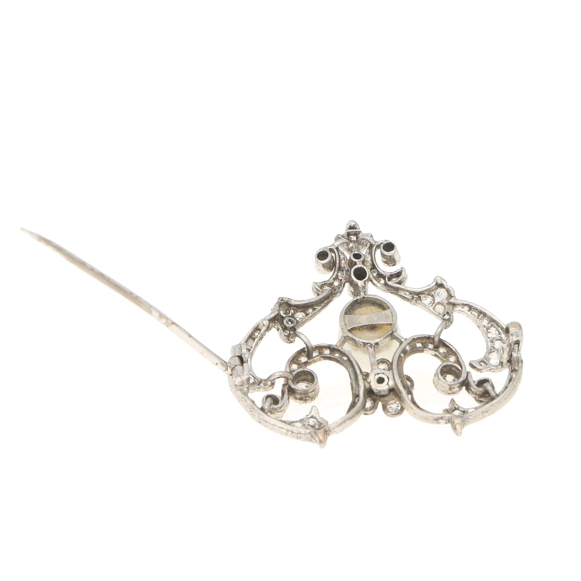 Women's or Men's Edwardian Pearl and Old Cut Diamond Heart Brooch Set in Platinum