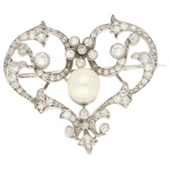 Edwardian Pearl and Old Cut Diamond Heart Brooch Set in Platinum