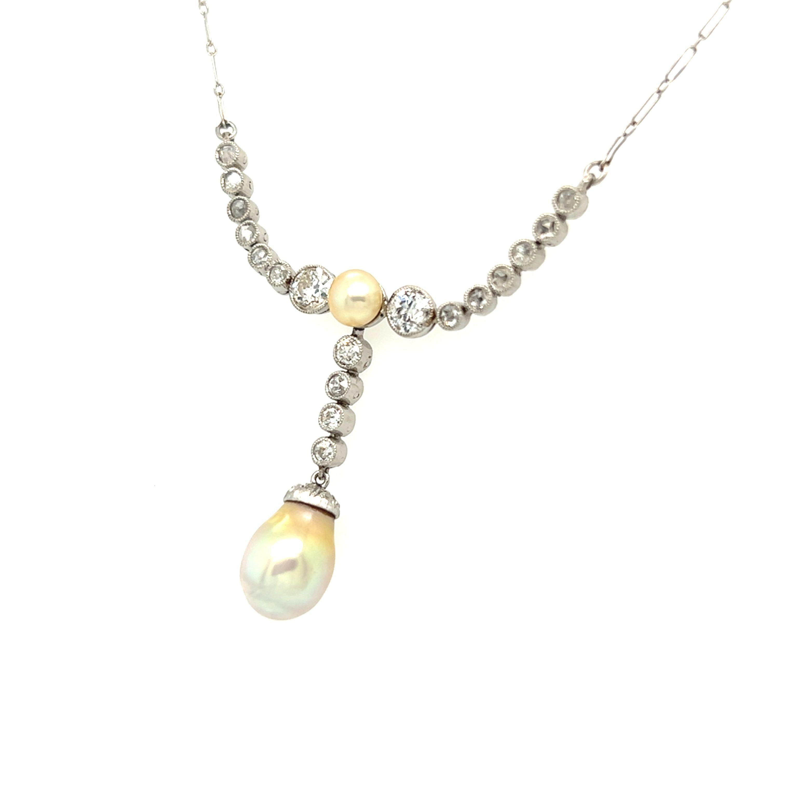 Edwardianische Perle und Old European Cut Diamant Tropfen Halskette Platin (Alteuropäischer Schliff)