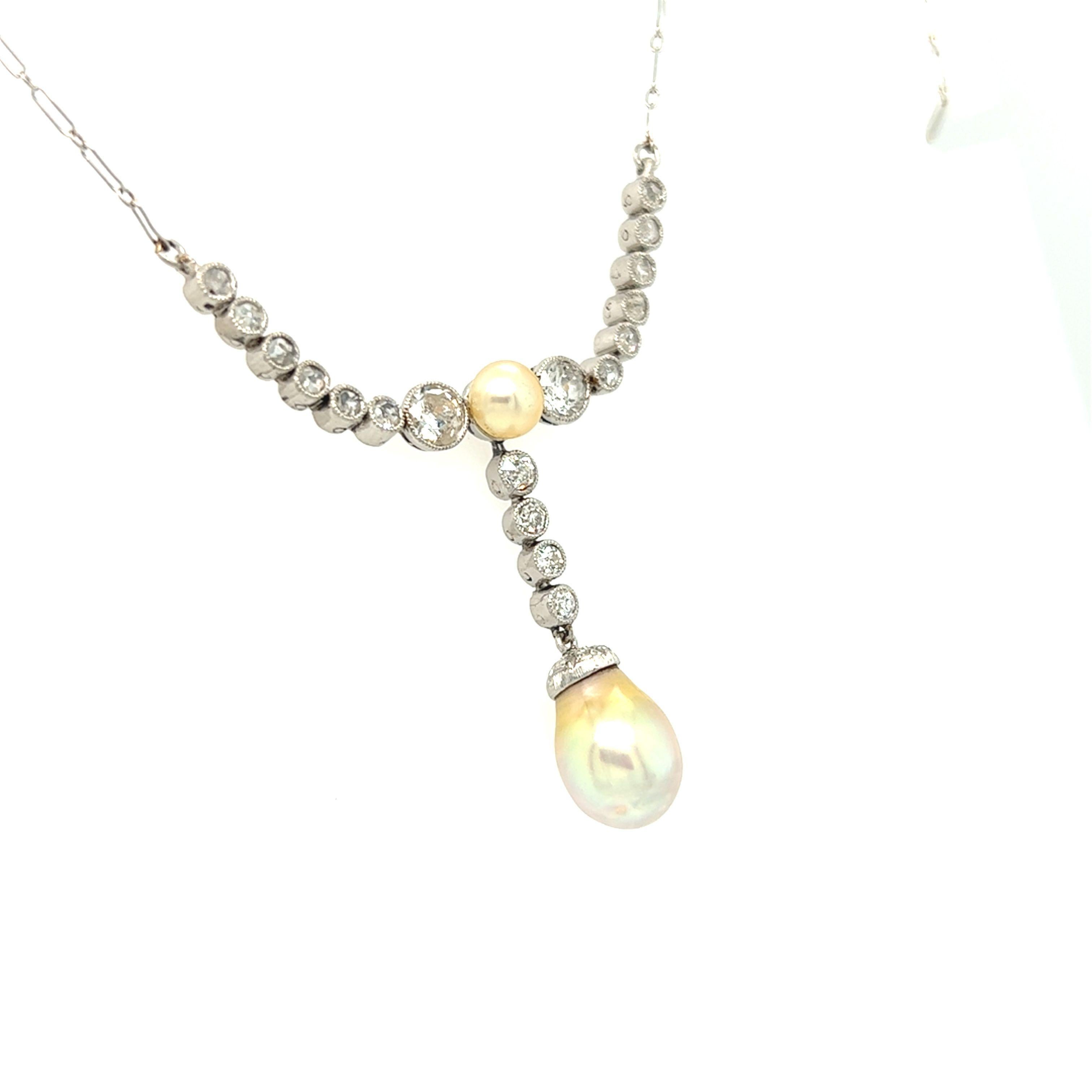 Edwardianische Perle und Old European Cut Diamant Tropfen Halskette Platin im Zustand „Hervorragend“ in beverly hills, CA