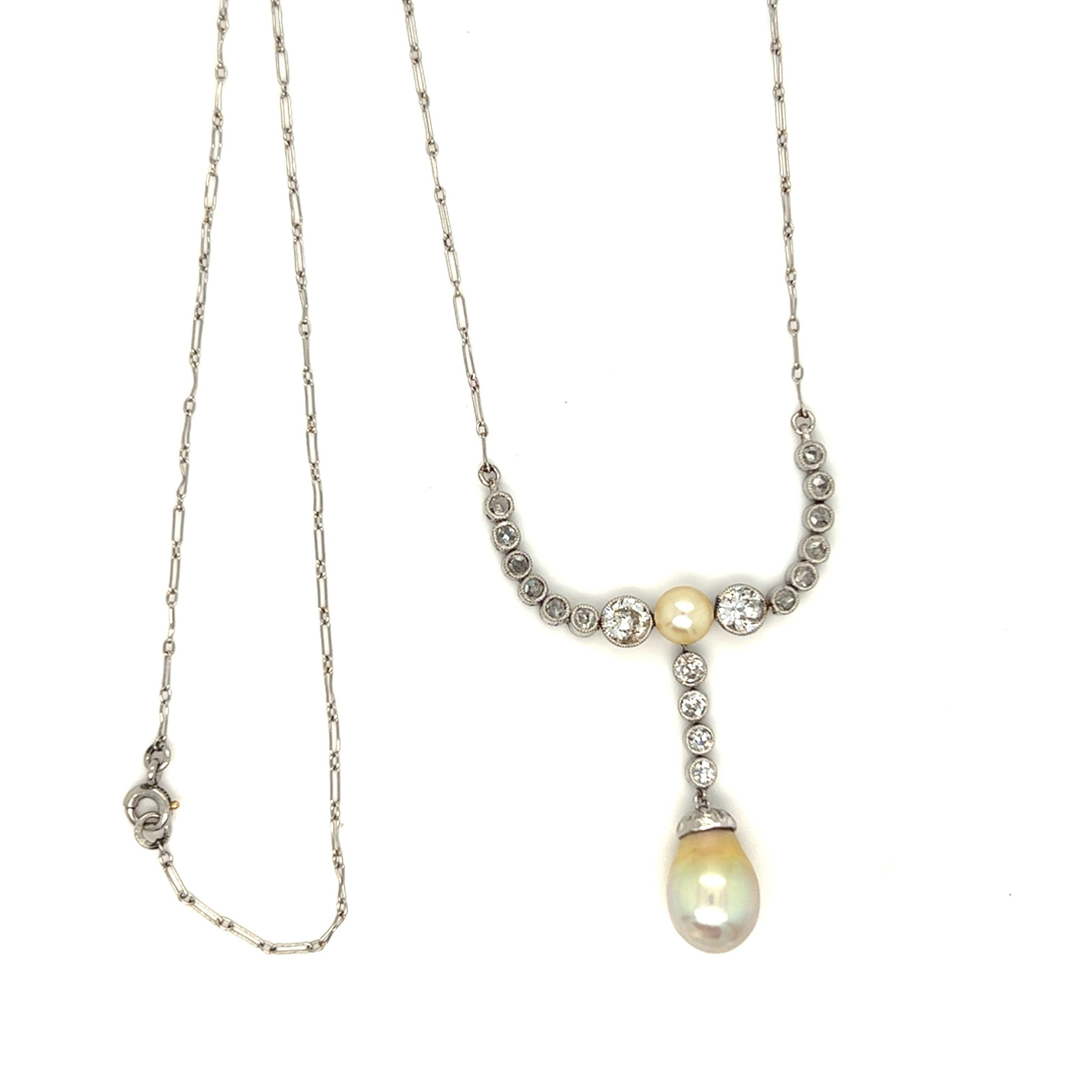 Edwardianische Perle und Old European Cut Diamant Tropfen Halskette Platin Damen