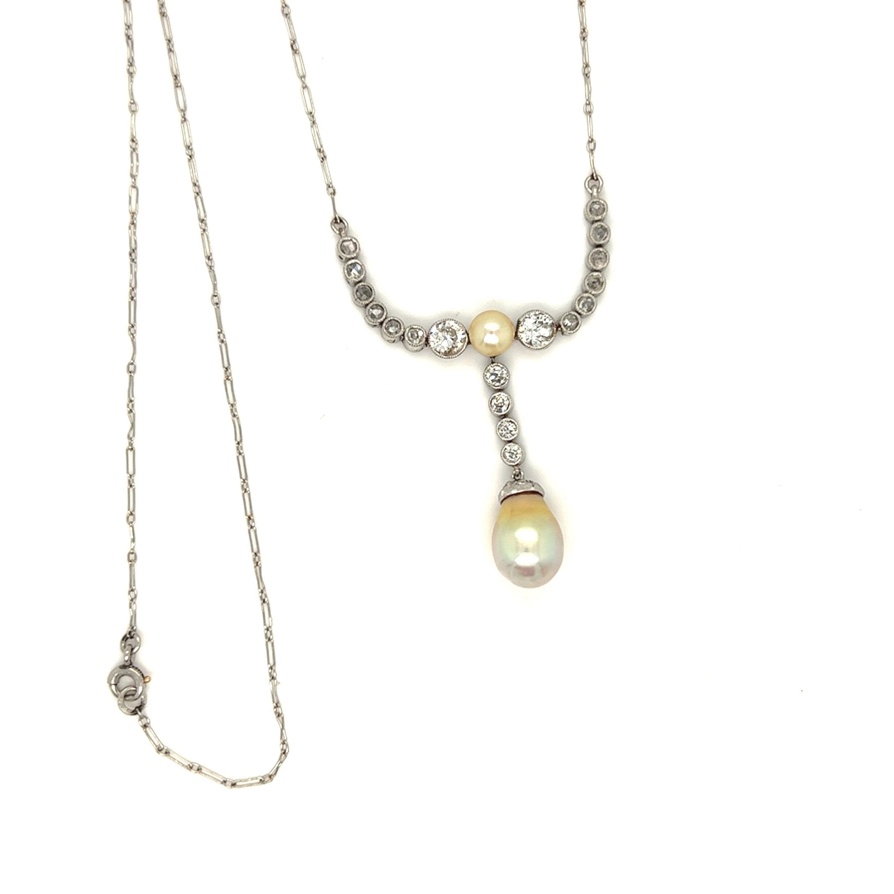 Edwardian Pearl and Old European Cut Diamond Drop Necklace Platinum In Excellent Condition For Sale In beverly hills, CA