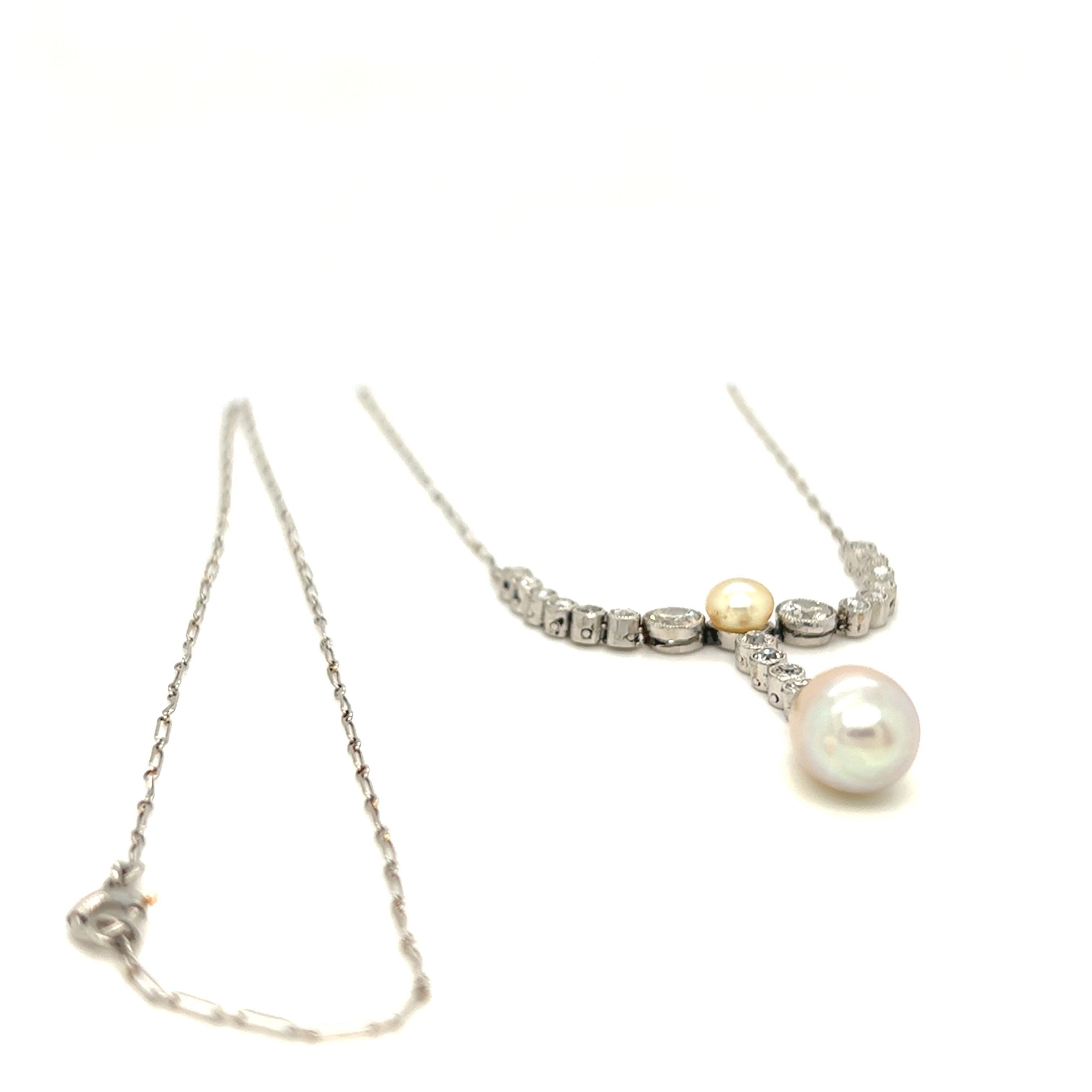 Women's Edwardian Pearl and Old European Cut Diamond Drop Necklace Platinum For Sale