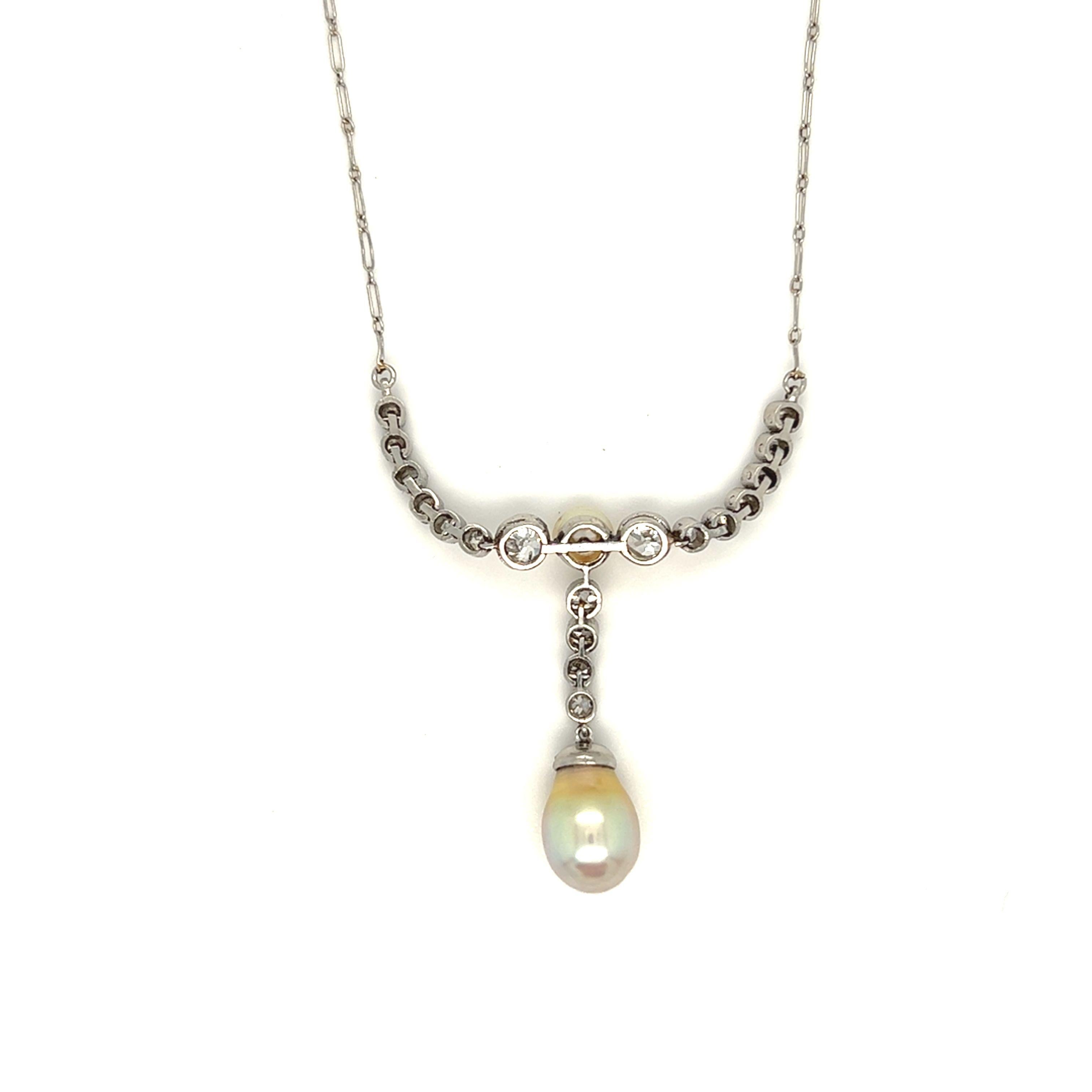 Edwardian Pearl and Old European Cut Diamond Drop Necklace Platinum For Sale 1