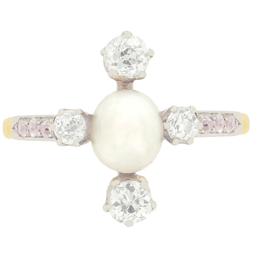 Edwardian Pearl and Pink Diamond Cluster Ring, circa 1910