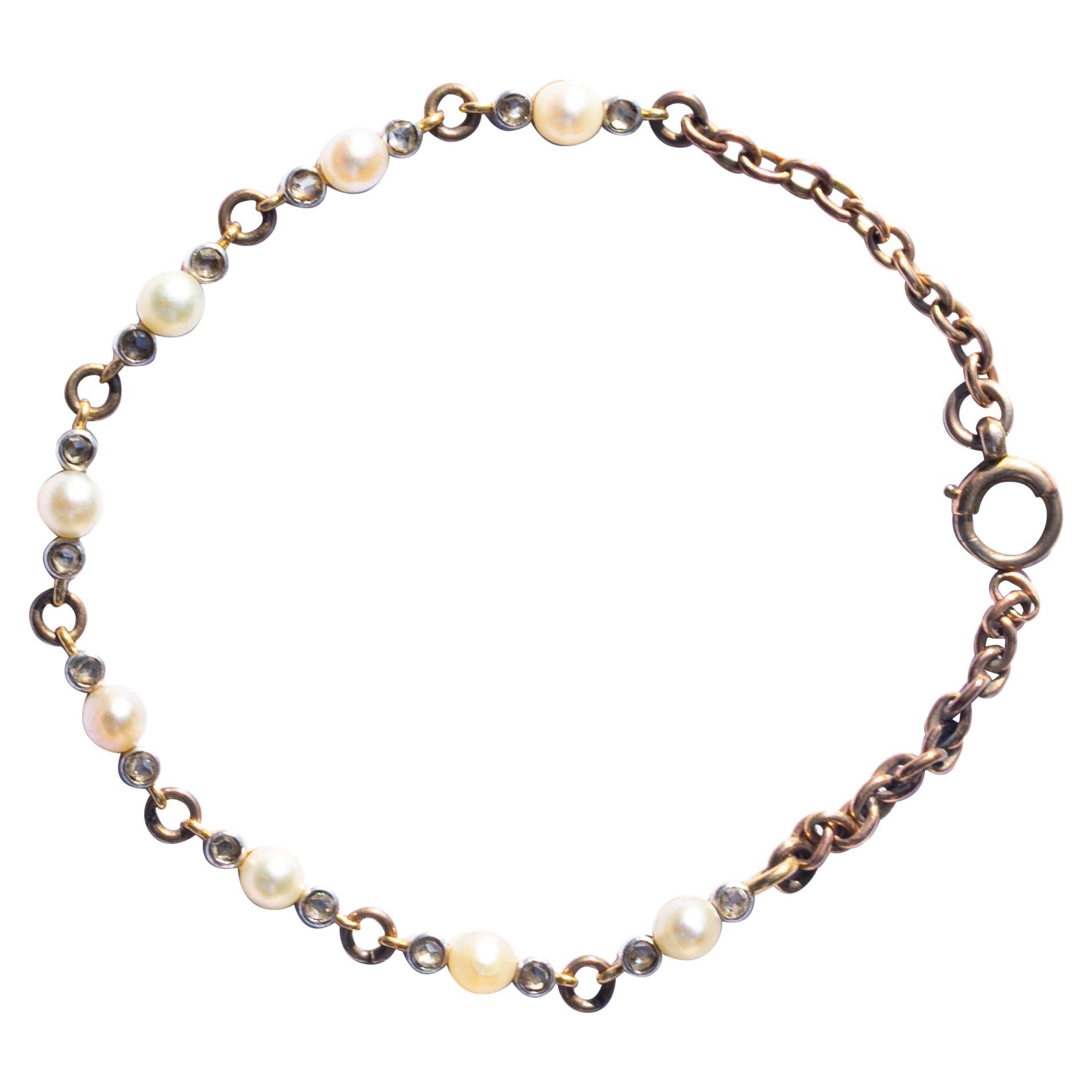 Edwardianisches Perlen- und Rosenschliff-Diamantarmband aus 18 Karat Gold im Angebot