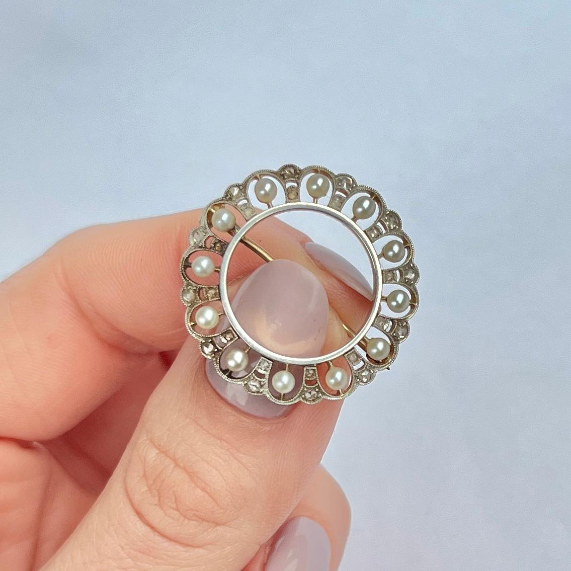 Uncut Edwardian Pearl and Rose Cut Diamond 18 Carat Gold Brooch For Sale