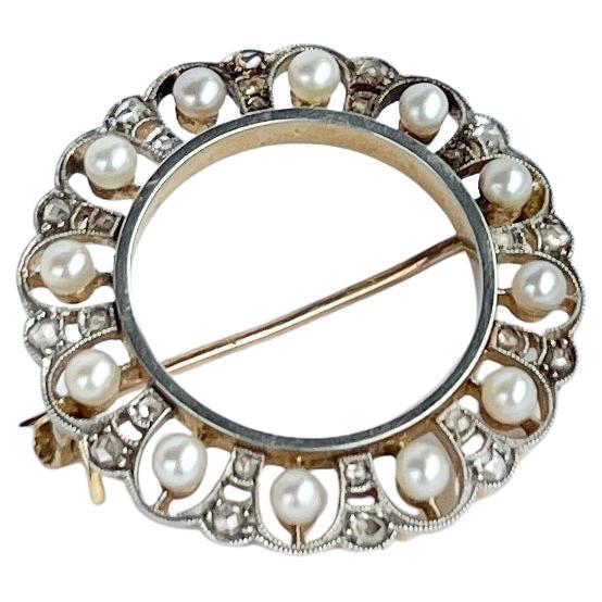 Edwardian Pearl and Rose Cut Diamond 18 Carat Gold Brooch