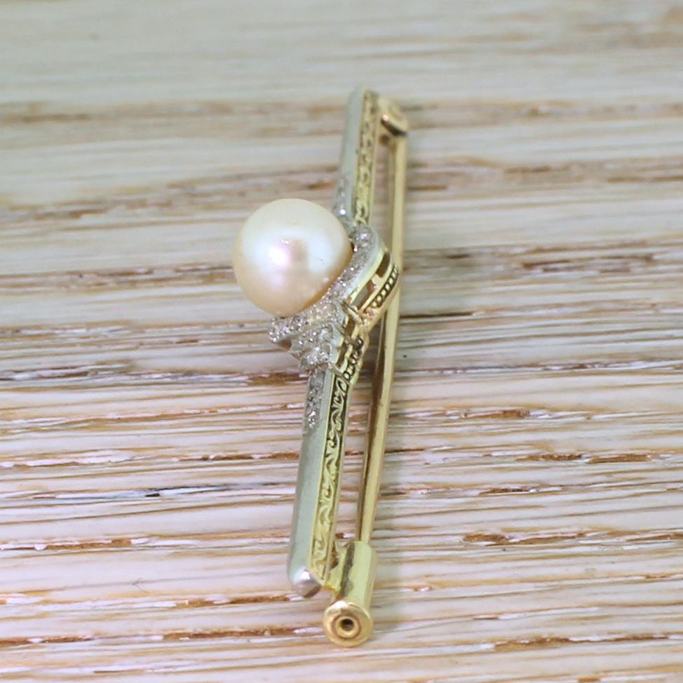 Edwardian Pearl and Rose Cut Diamond Pin Brooch In Excellent Condition In Essex, GB